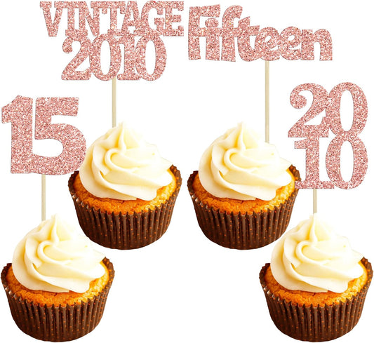 Gyufise 24Pcs 15th Birthday Cupcake Toppers Glitter Fifteen Vintage 2010 Hello 15 Years Birthday Cupcake Picks Sweet 15 Cake Decorations for Happy 15th Anniversary Party Supplies Rose Gold