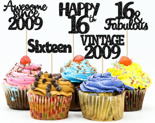 Gyufise 30Pcs Vintage 2009 Cupcake Toppers Glitter Sweet 16 Happy 16th Birthday Cake Decorations for Happy 16th Birthday Fabulous Anniversary Party Supplies Black