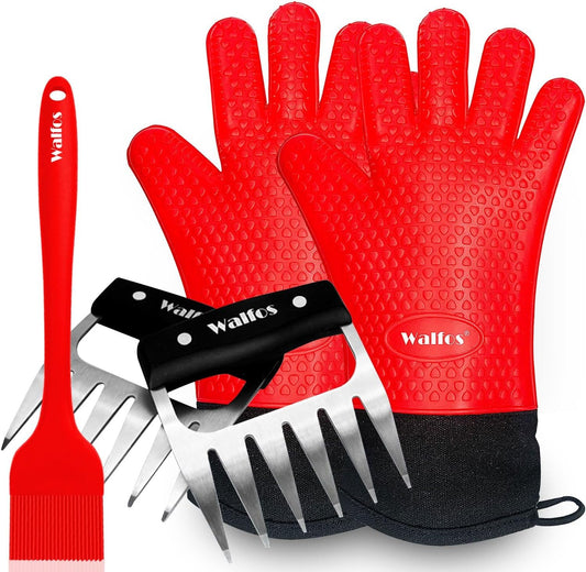 Walfos Silicone BBQ Gloves - Heat Resistant Grilling Gloves Set with Pork Shredder Claws & Brush, Non-Slip Kitchen Silicone Oven Mitt with Protective Cotton Layer, Suit for Indoor & Outdoor, Red