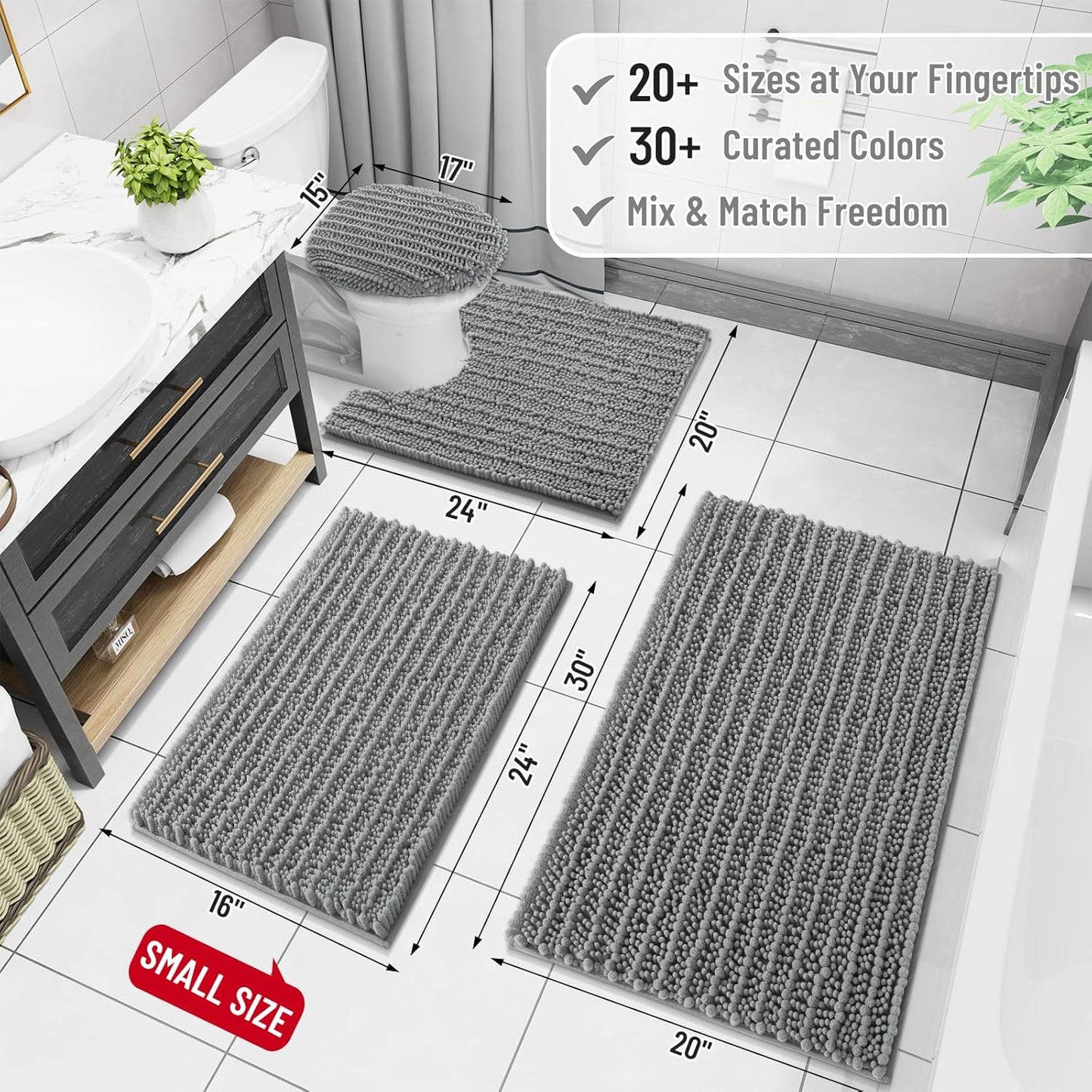 Arotive Luxury Chenille Bathroom Rug Mat, Extra Soft Thick Absorbent Shaggy Bath Rugs, Non-Slip Machine Wash Dry, Plush Bath Mats for Bathroom, Shower and Tub, 60x24, Grey