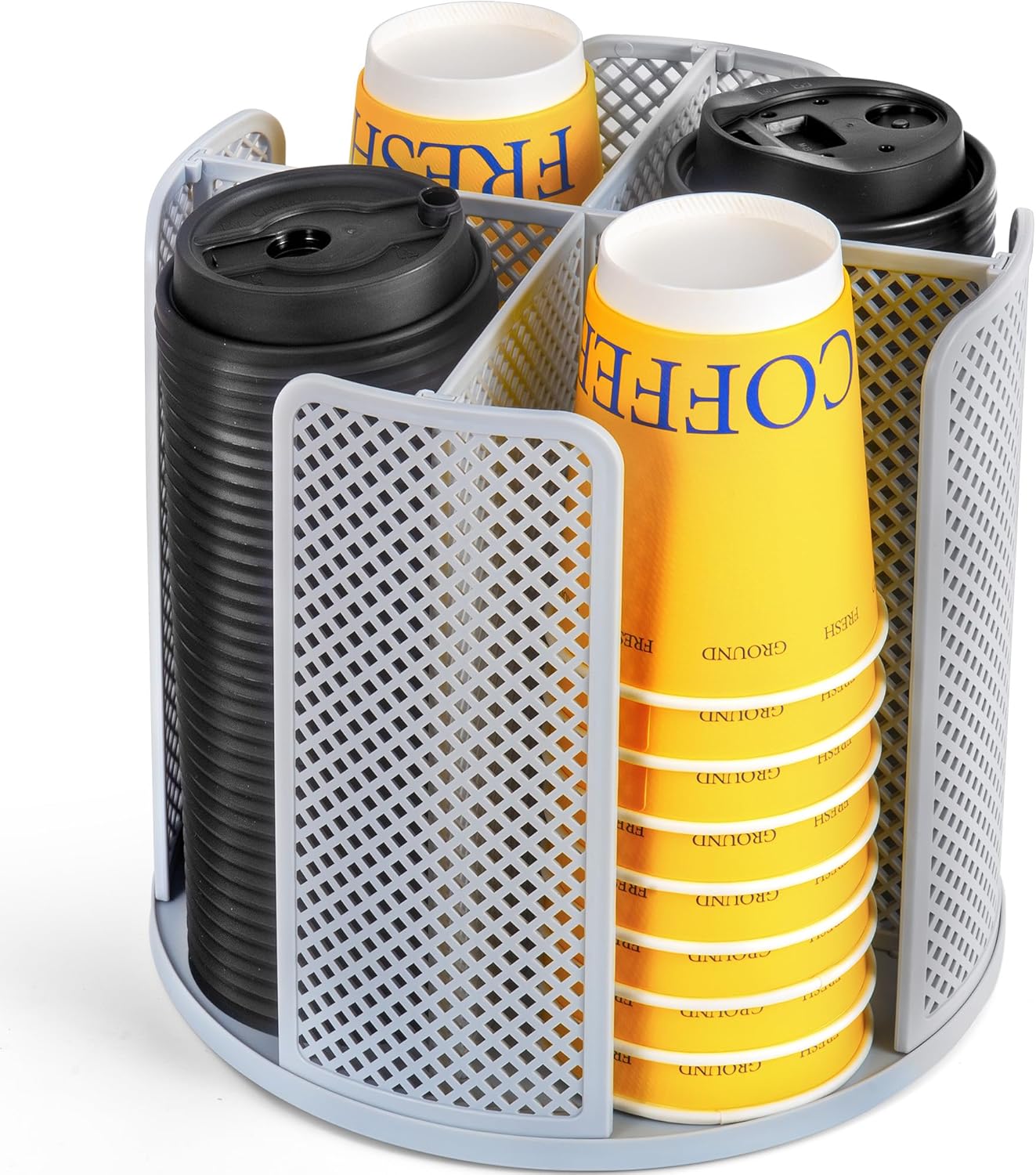 4-Compartment Rotating Paper Cup Holder & Coffee Cup Lid Storage Dispenser, Plastic Cup Dispenser Removable, Space-Saving Countertop Cup Holder for Coffee Bars, Kitchens (Grey)