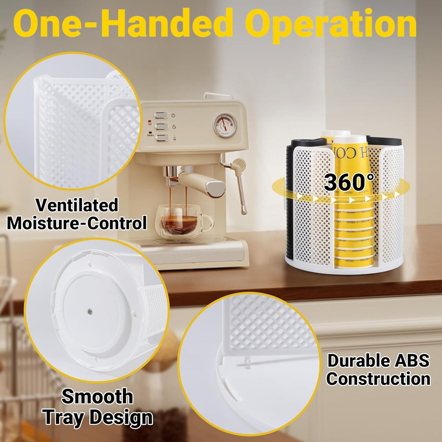 4-Compartment Rotating Paper Cup Holder & Coffee Cup Lid Storage Dispenser, Plastic Cup Dispenser Removable, Space-Saving Countertop Cup Holder for Coffee Bars, Kitchens (White)