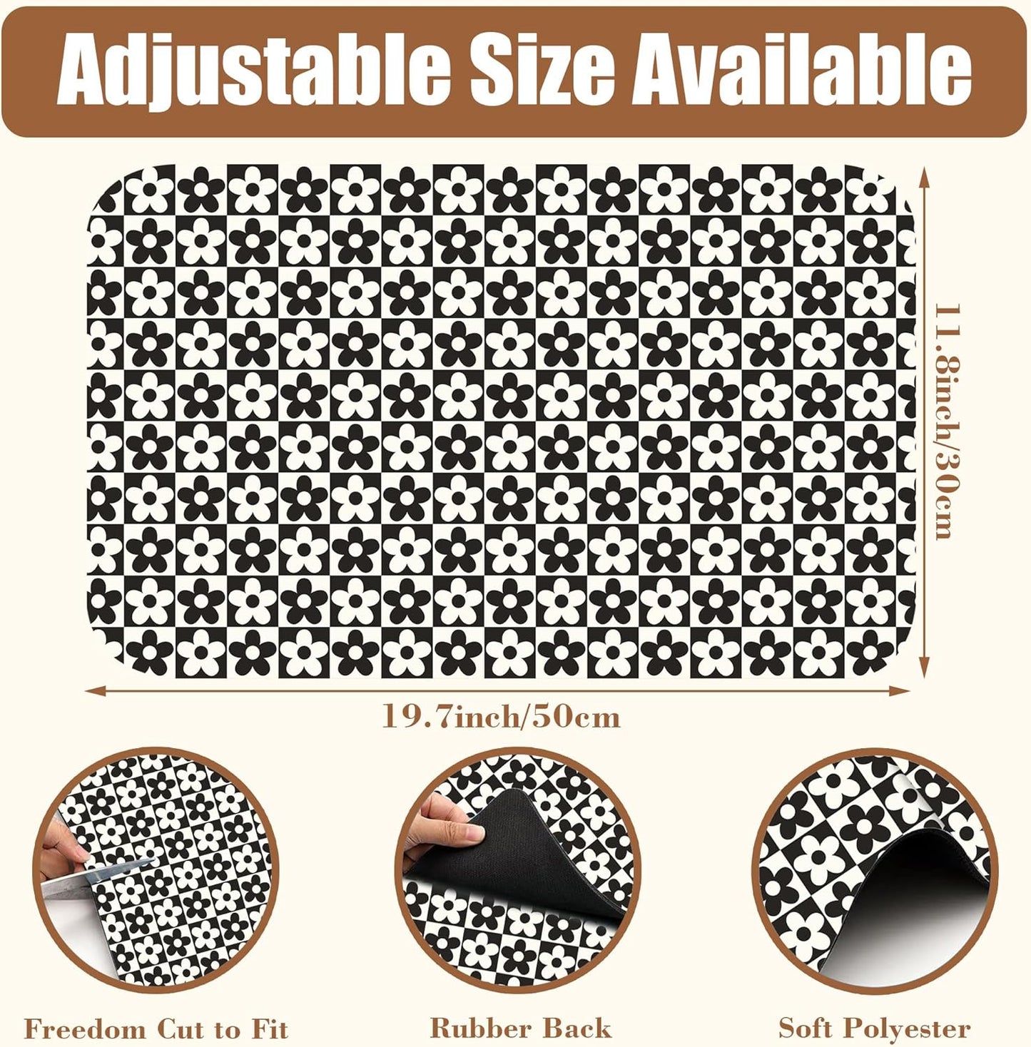Black and White Checkered Flower Dish Drying Mat for Kitchen Counter Absorbent Coffee Bar Mat with Hide Stain Rubber Backed Coffee Maker Espresso Machine Cafe Table Accessories 11.8 x 19.7 Inch