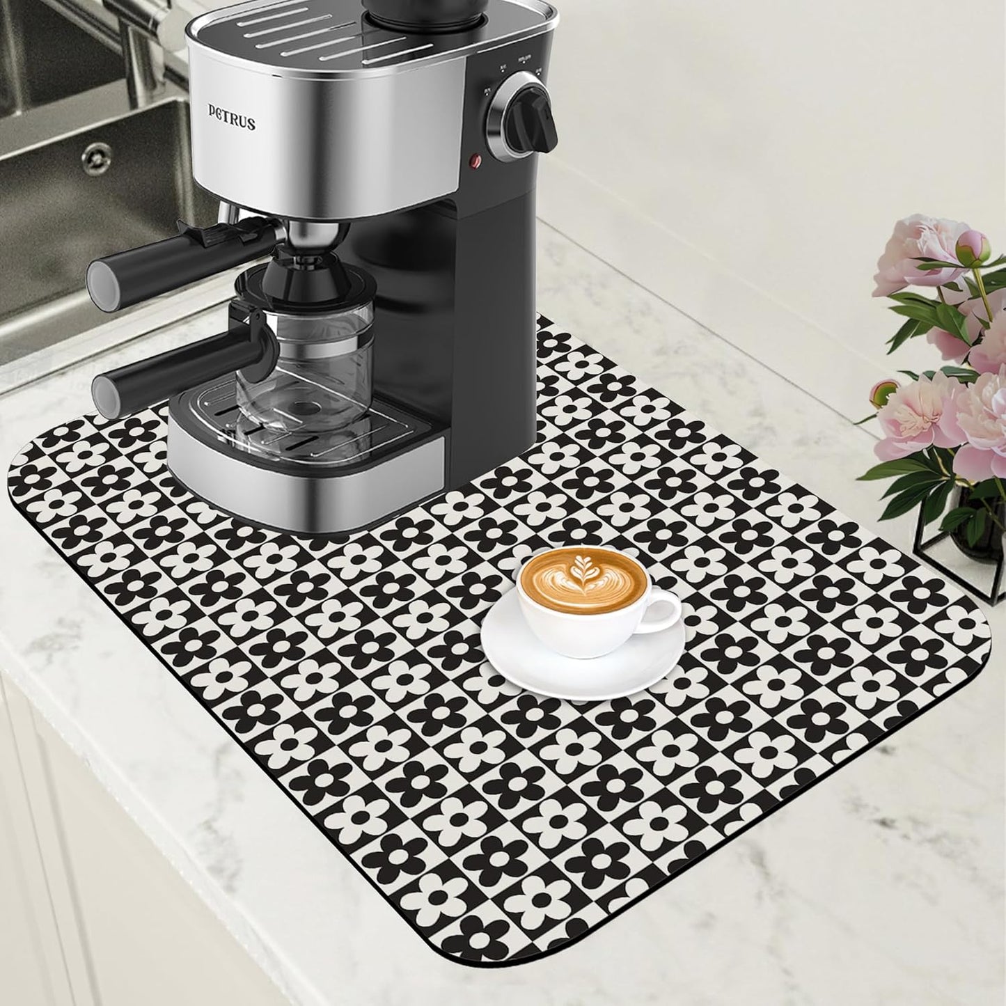 Black and White Checkered Flower Dish Drying Mat for Kitchen Counter Absorbent Coffee Bar Mat with Hide Stain Rubber Backed Coffee Maker Espresso Machine Cafe Table Accessories 11.8 x 19.7 Inch