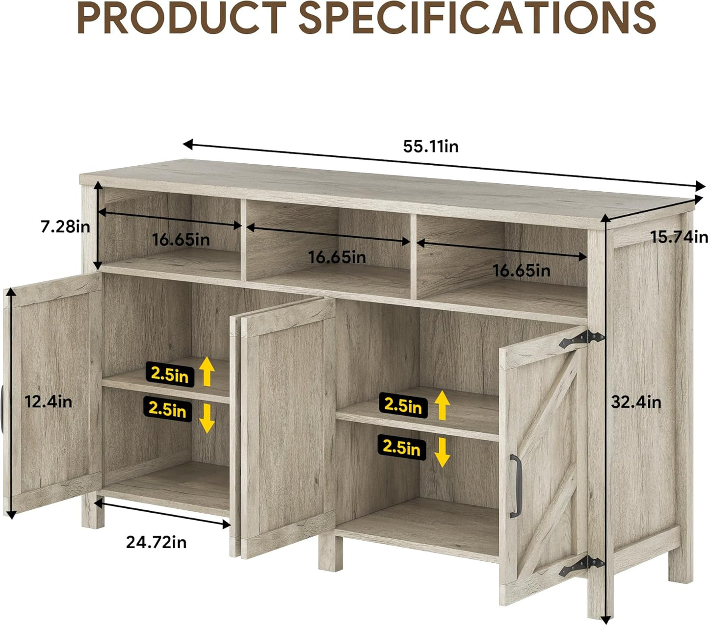 Buffet Cabinet with Storage Farmhouse with 4 Doors, 55'' Large Kitchen Storage Cabinet Wood Coffee Bar Buffet Sideboard for Kitchen, Dining Room, Entryway