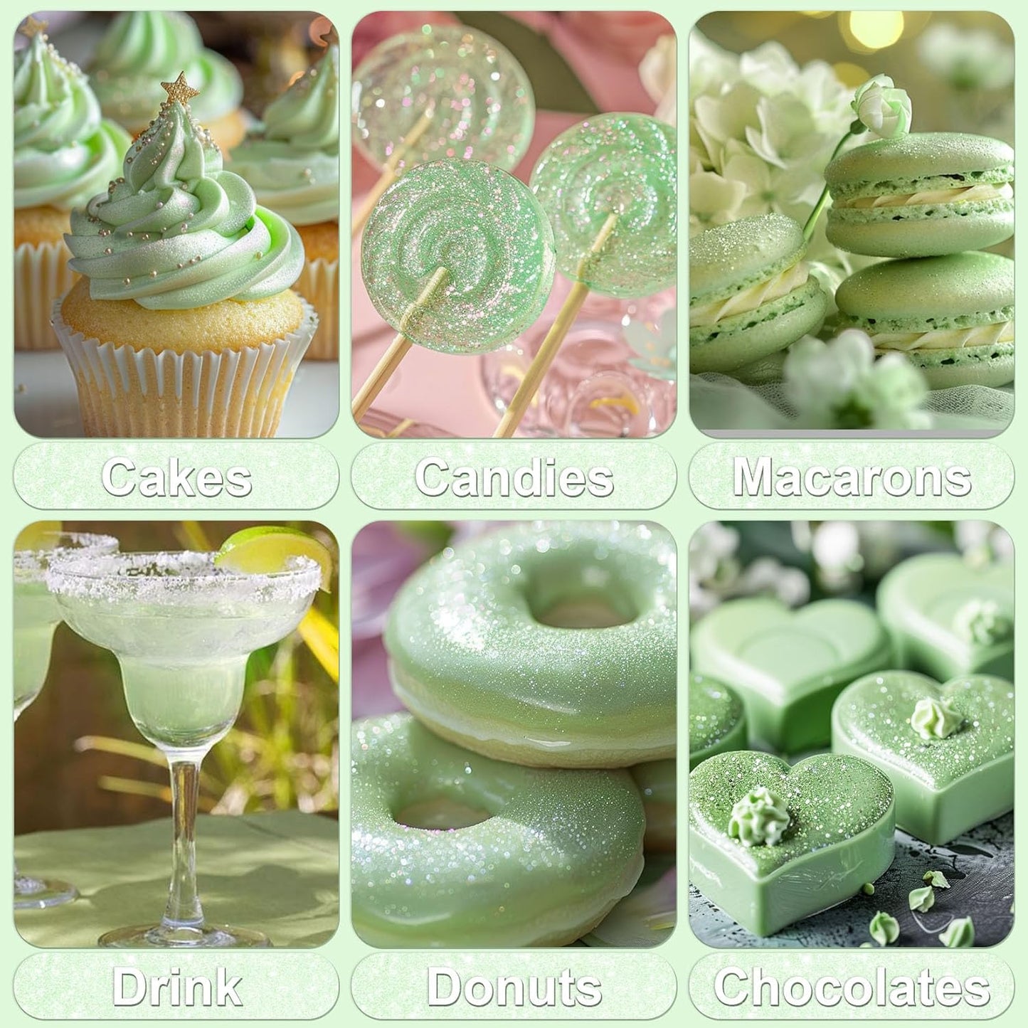 Iridescent Green Edible Glitter - 5g Food Grade Cake Decorating Shimmering Glitter, Edible Sprinkle Luster Dust for Drinks, Chocolates, Fondant, Strawberries, Cupcakes, Candy, Cookie - Vegan