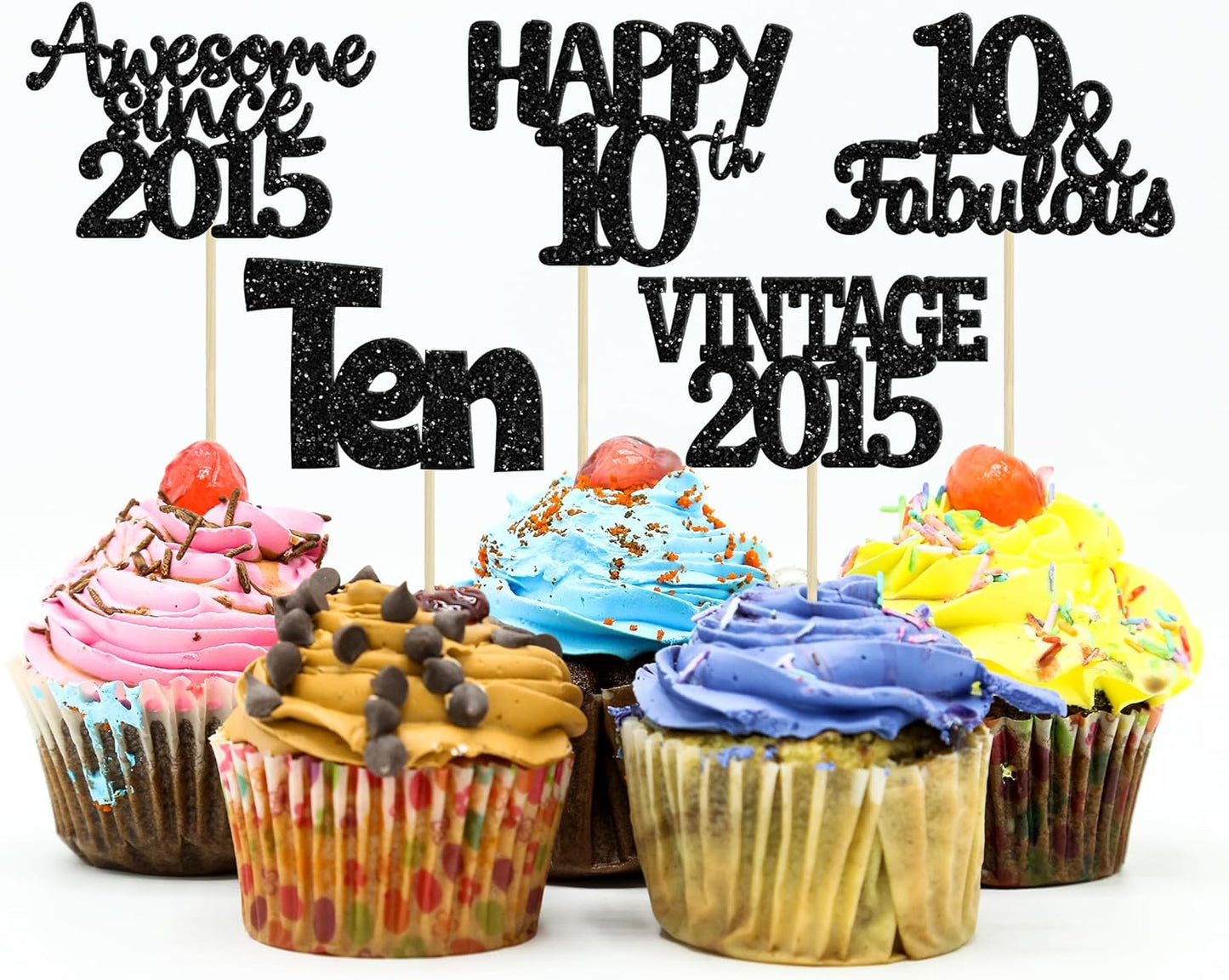 Gyufise 30Pcs Vintage 2015 Cupcake Toppers Glitter Ten Happy 10th Cupcake Picks Cheers to 10 Years Birthday Cake Decorations for Happy 10th Birthday Anniversary Party Supplies Black