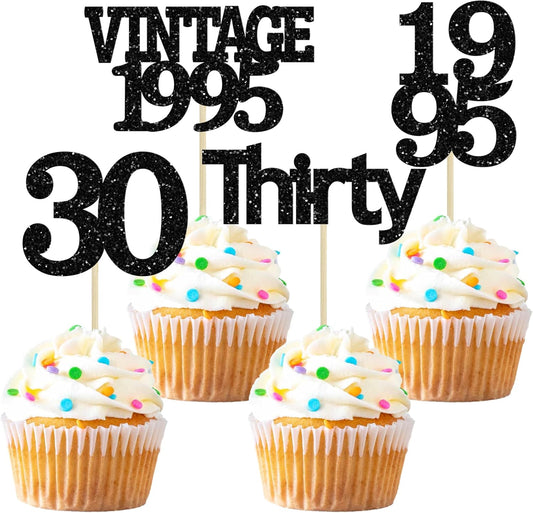 Gyufise 24Pcs Vintage 1995 Cupcake Toppers Cheers to 30 Fabulous Thirty Cupcake Picks Decorations for 30th Birthday Wedding Anniversary Party Supplies Black