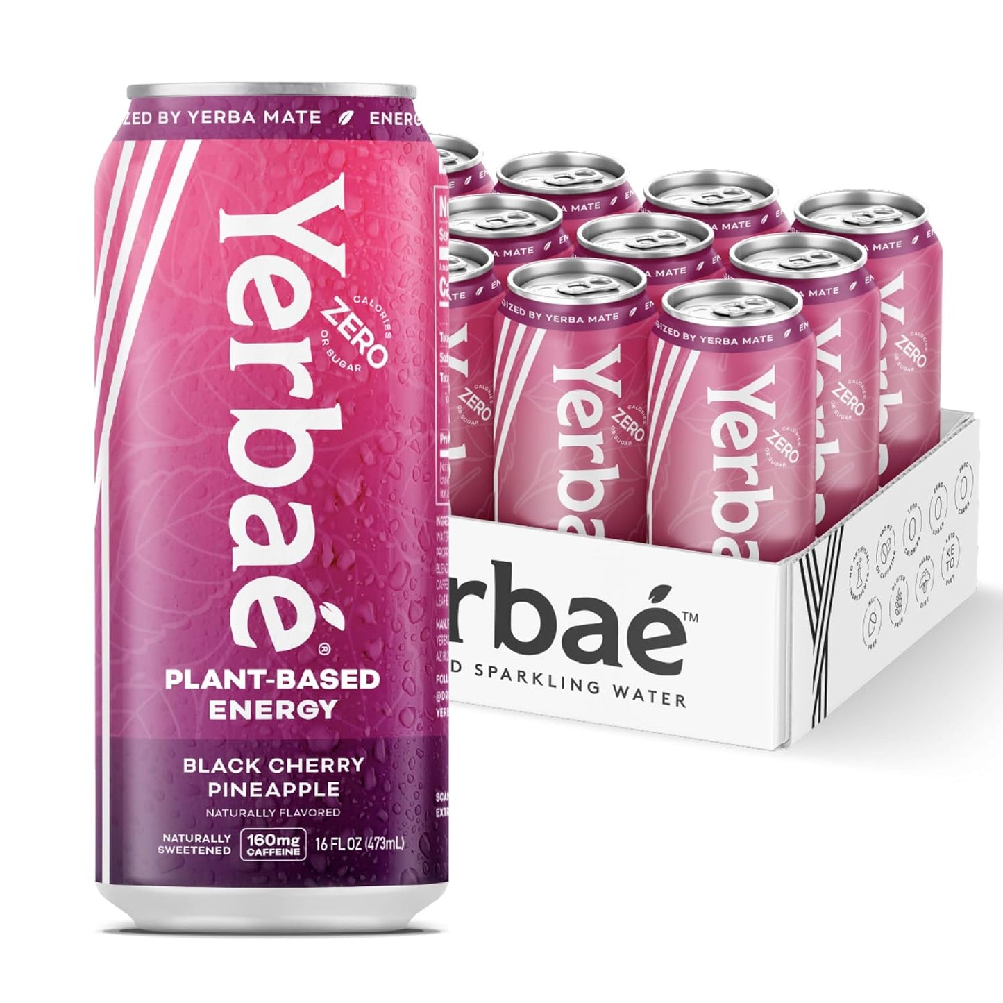 Yerbaé Energy Beverage - Black Cherry Pineapple, 0 Sugar, 0 Calories, 0 Carbs. Yerbae is Energized by Yerba Mate, Plant-Based, Healthy Alternative to Sugary Drinks, 16oz cans (12 Pack)