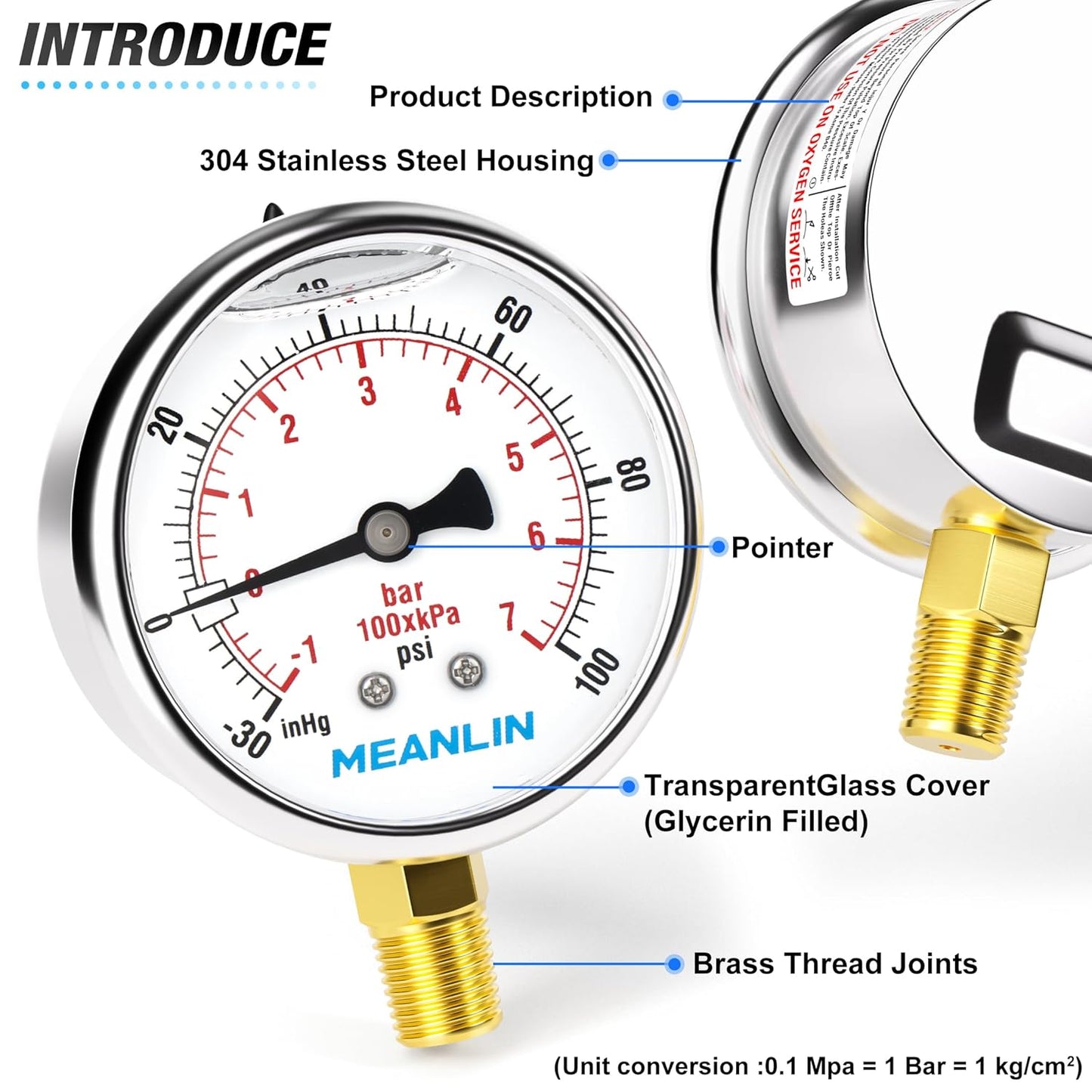 MEANLIN MEASURE -30inHG~100Psi Stainless Steel 1/4" NPT 2.5" FACE DIAL Vacuum Pressure Gauge, Lower Mount, with 1/4" x 1/2" NPT and 1/4" x 3/8" NPT Hex Bushing