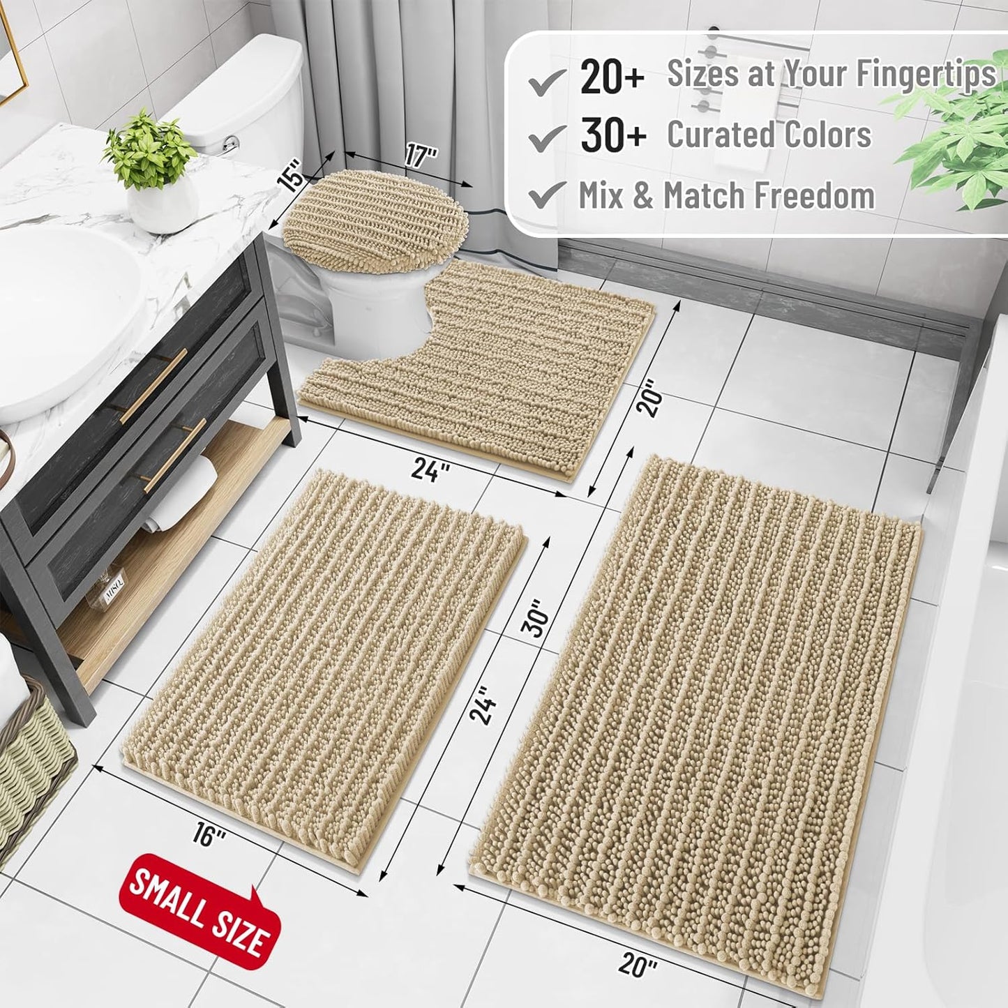 Arotive Luxury Chenille Bathroom Rug Mat, Extra Soft Thick Absorbent Shaggy Bath Rugs, Non-Slip Machine Wash Dry, Plush Bath Mats for Bathroom, Shower and Tub, 47x32, Beige