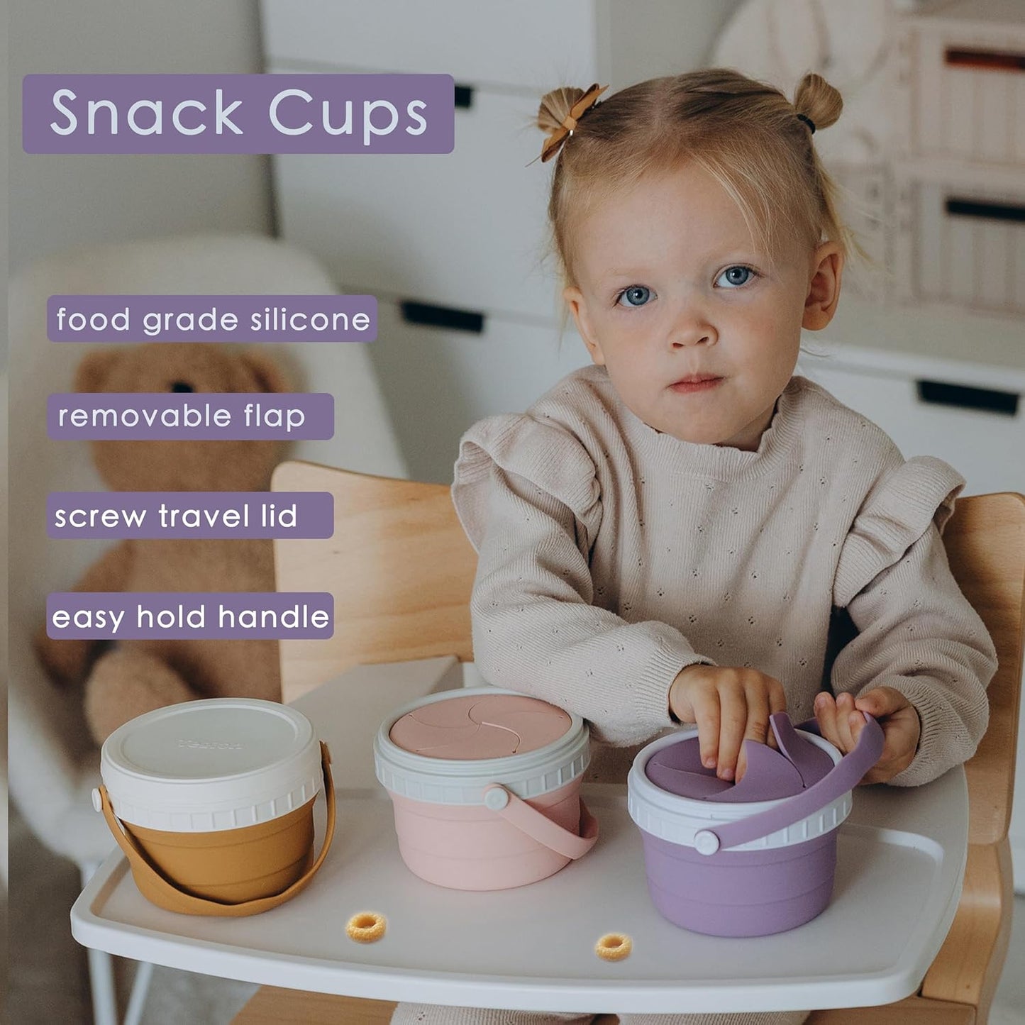 No Spill Silicone Toddler Snack Containers, Detachable Silicone Flap for Filling&Cleaning, Crumb-Free Hard Plastic Screw Travel Lid, Ultra-Soft for Baby Kids Hand In-Out, Snack Cup Holder 12 oz