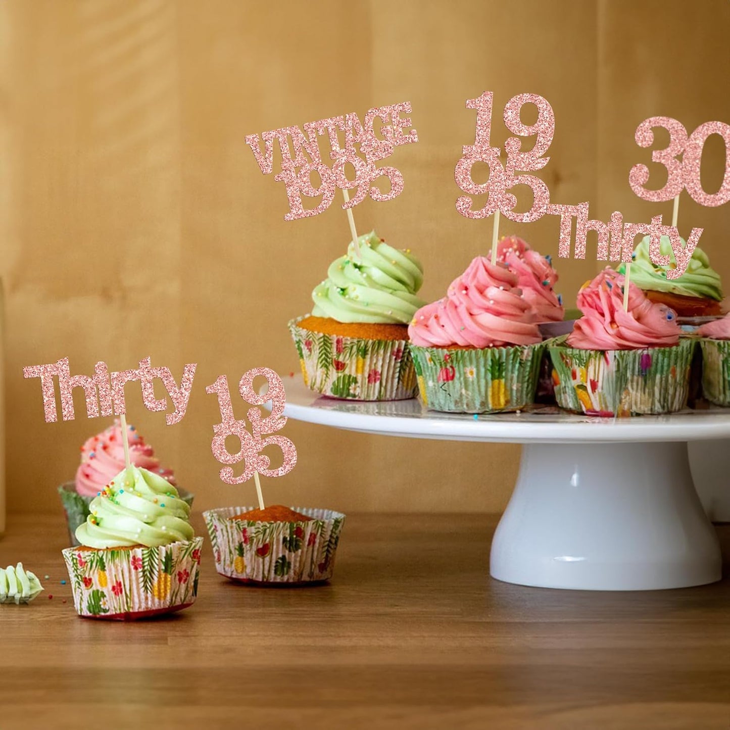 Gyufise 24Pcs Happy 30th Birthday Cupcake Toppers Glitter Thirty 30 Fabulous Vintage 1995 Cupcake Picks for 30th Birthday Wedding Anniversary Party Cake Decorations Supplies Rose Gold