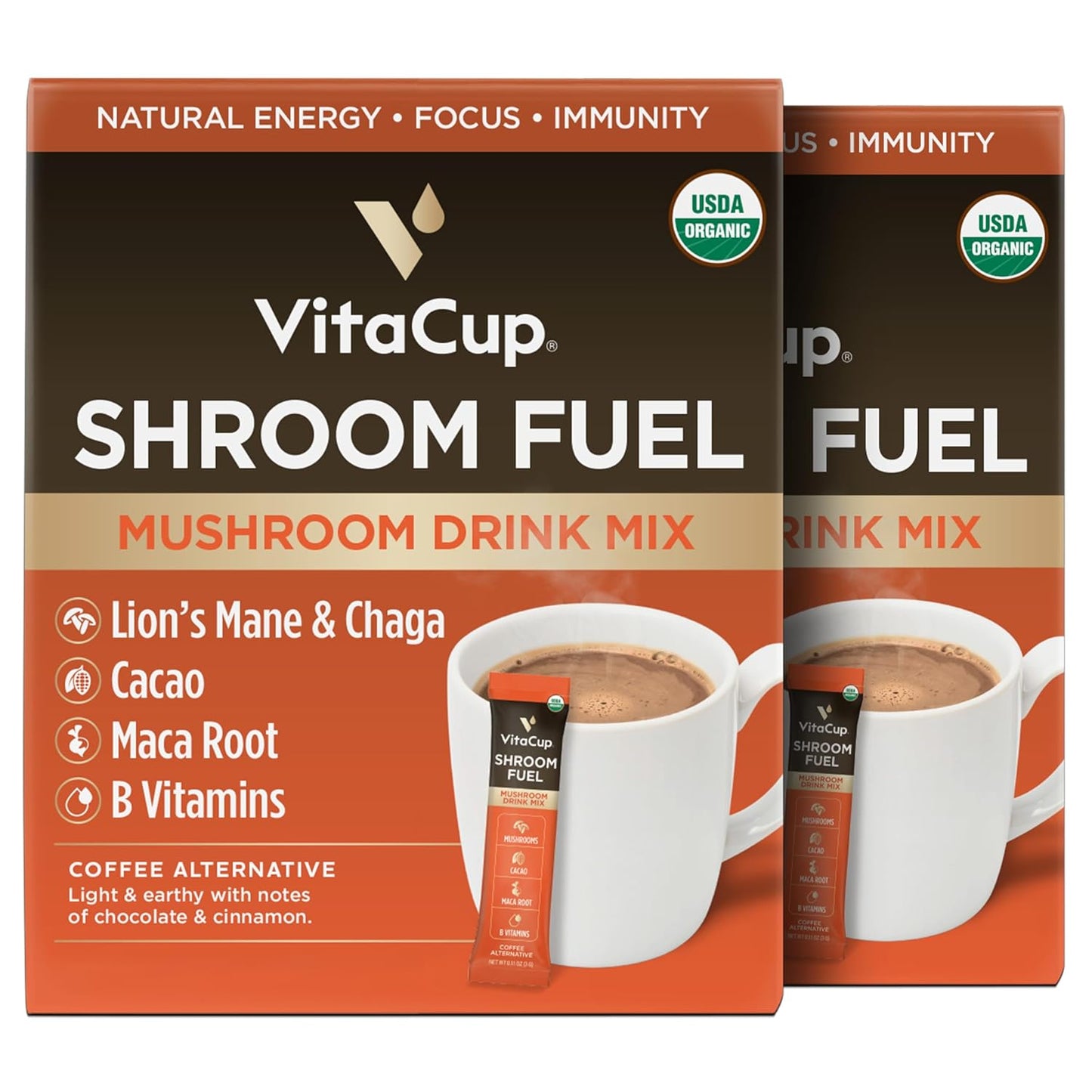 VitaCup Shroom Fuel, Mushroom Based Instant Coffee Alternative Packets, Mushroom Coffee Substitute w/Cacao, Cinnamon, Chaga, Lions Mane, & Maca for Energy, Immune Support, & Focus, 48 ct