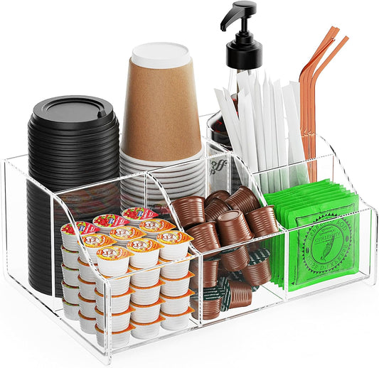 Acrylic Coffee Bar Organizer Station - Multiple Compartments - Kitchen Bar Tools Storage Rack - Beverage Station Organizer for Coffee Creamer Syrup
