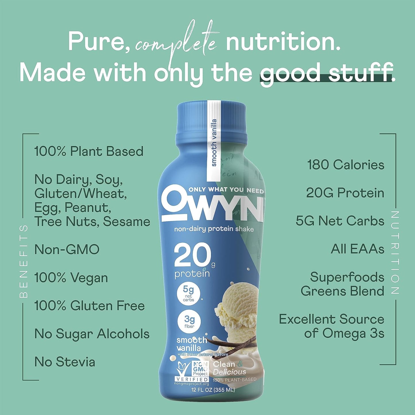 OWYN Only What You Need Plant Based Protein Shake, 20g Vegan Protein from Organic Pumpkin seed, Flax, Pea Blend, Prebiotic supplement, Superfood Greens, all-in-one nutrition, Gluten & Soy-Free (Vanilla, 12 Pack)