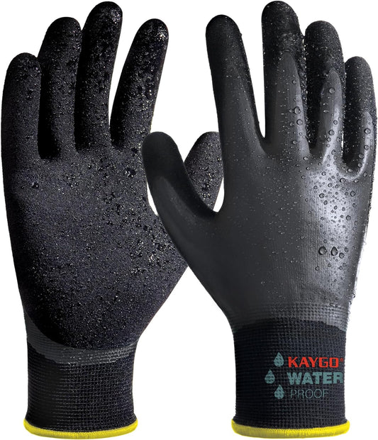 KAYGO Waterproof Work Gloves for Men and Women, Rubber Coated Non-slip Working Gloves for Garden, Outdoor Construction,3 pairs,Black,L