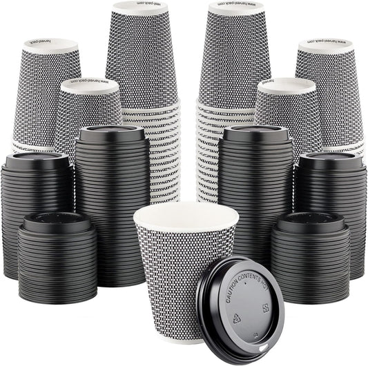 [400 SET]Harvest Pack 12 oz Disposable Coffee Cups, Insulated Ripple Double-Walled Paper Cup with Lid, Black and White Geometric, Tea Hot Chocolate Drinks To go coffee cups