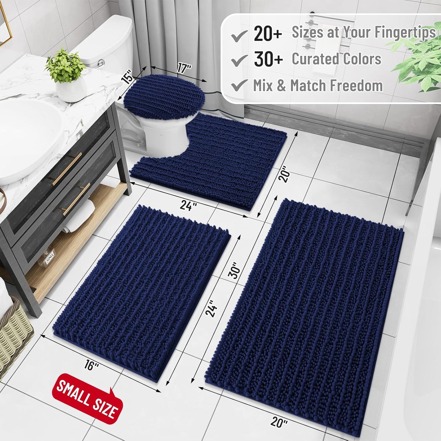 Arotive Luxury Chenille Bathroom Rug Mat, Extra Soft Thick Absorbent Shaggy Bath Rugs, Non-Slip Machine Wash Dry, Plush Bath Mats for Bathroom, Shower and Tub, 70x24, Navy