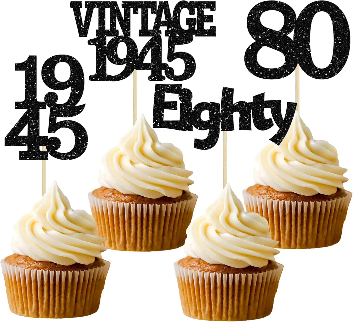 Gyufise 24Pcs Vintage 1945 Cupcake Toppers Glitter Cheers to 80 Fabulous Eighty Cupcake Picks 80th Birthday Wedding Anniversary Party Cake Decorations Supplies Black