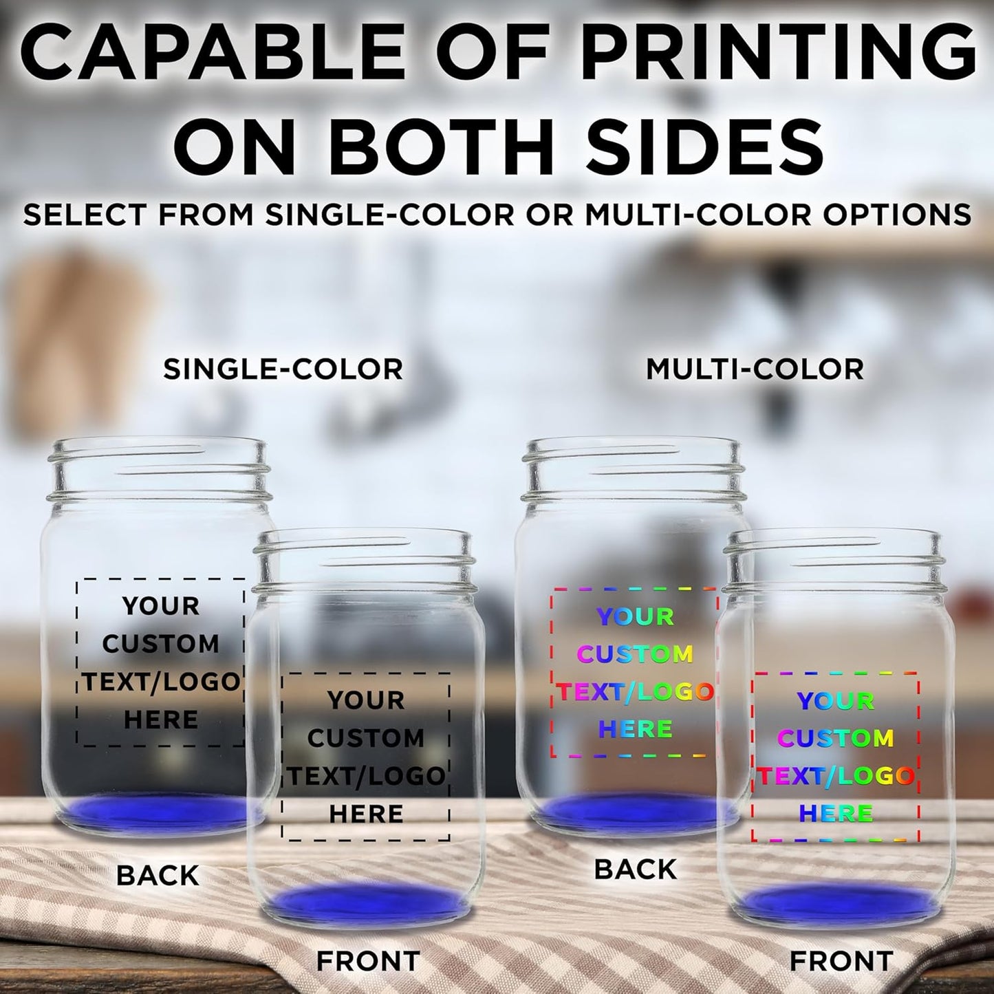 DISCOUNT PROMOS Custom Decorating Mason Jars 12 oz. Set of 100, Personalized Bulk Pack - Glass Jars for Overnight Oats, Candies, Fruits, Pickles, Spices, Beverages - Blue