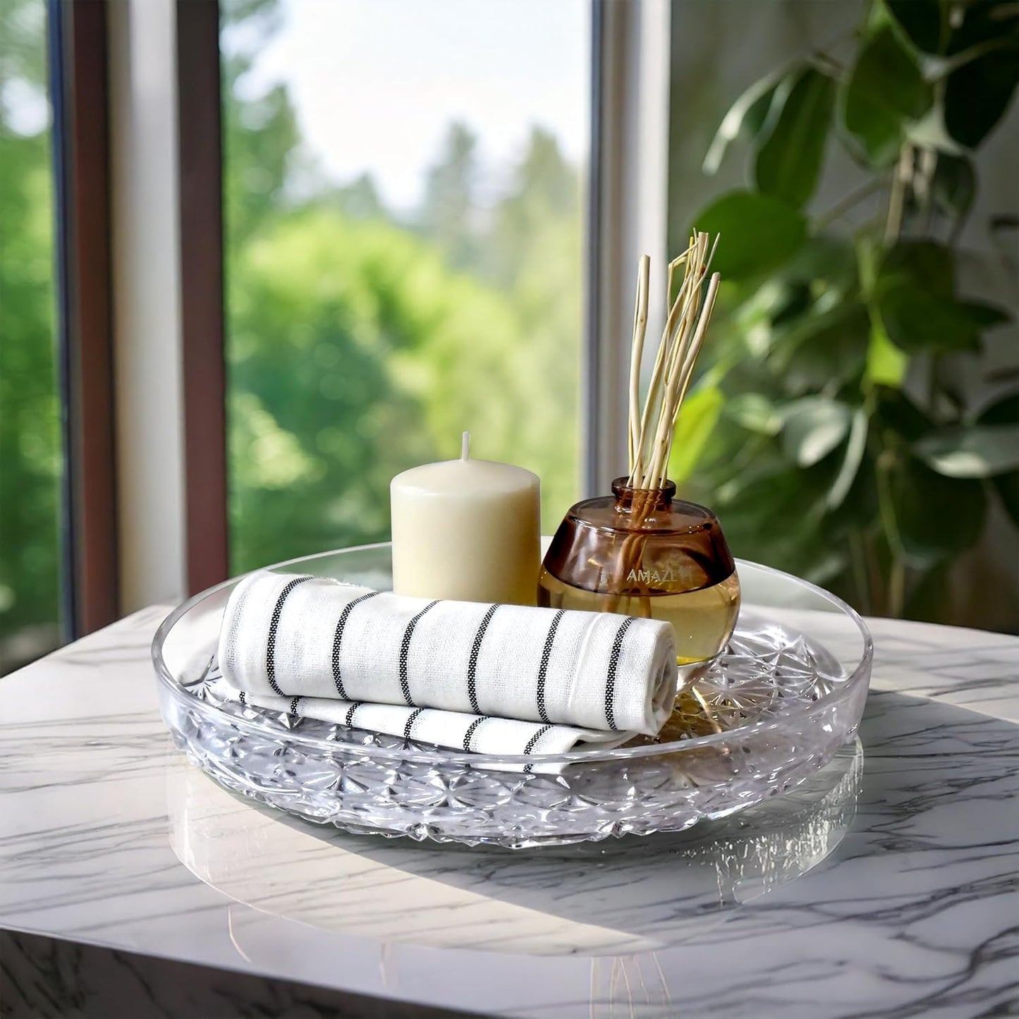 Amazing Abby - Luna - 2-Pack Acrylic Vanity Tray (10" Dia.), Plastic Bathroom Countertop Organizer, Round Coffee Table Tray, Clear Dish for Home Decor, Great for Makeup, Perfume, Jewelry, and More