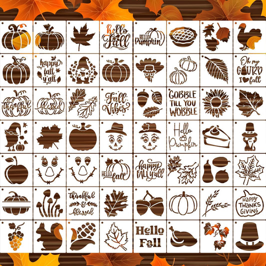 3inch Fall Stencils for Painting on Wood 56pcs Pumpkin Stencil Autumn Leaf Turkey Scarecrow Gnome Draw Templates for Wood Signs DIY Crafts Canvas Tier Tray Decor