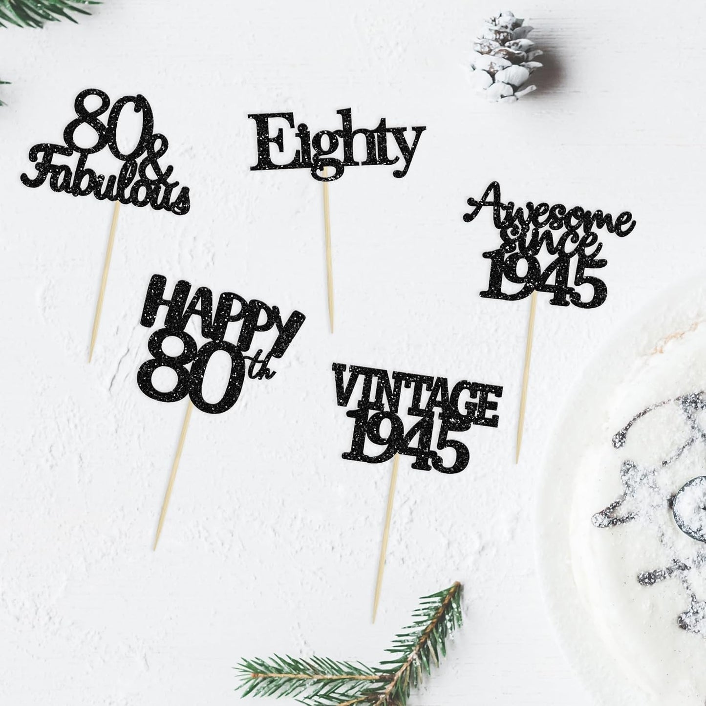 Gyufise 30 Pack Vintage 1945 Cupcake Toppers Glitter Cheers to 80 Fabulous Eighty Cupcake Picks 80th Birthday Wedding Anniversary Party Cake Decorations Supplies Black