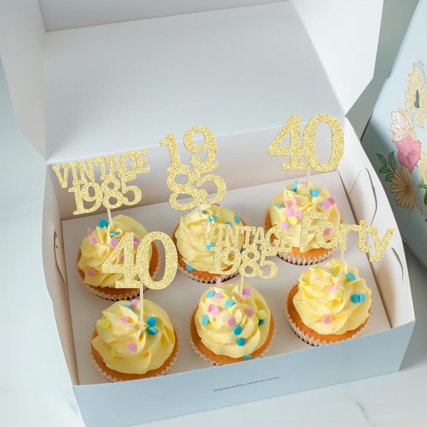 Gyufise 24Pcs Happy 40th Birthday Cupcake Toppers Glitter Forty 40 Fabulous Vintage 1985 Cake Toppers for 40th Birthday Wedding Anniversary Party Cake Decorations Supplies Gold