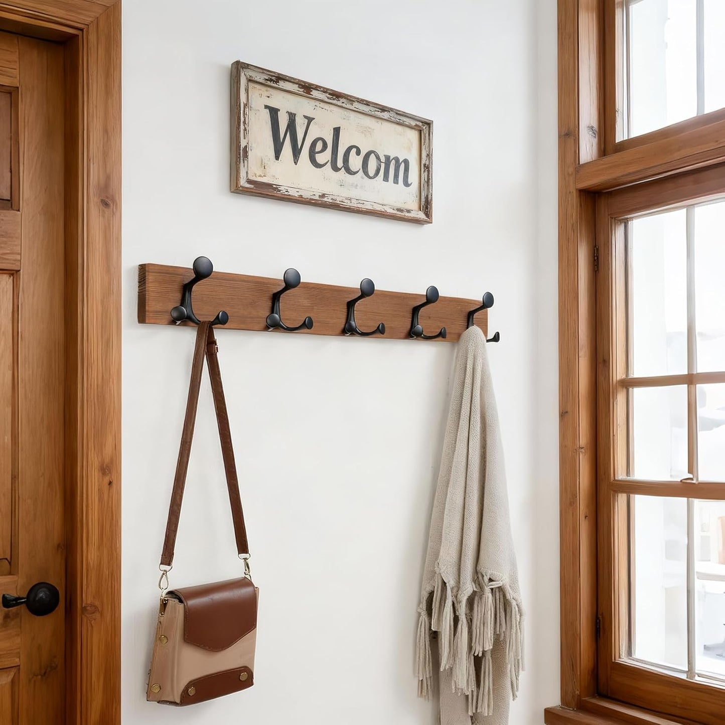 SKOLOO 30-Inch Wood Coat Rack Wall Mount with 5 Triple Hooks - Ideal for Family Entrances, Classrooms, and Pet Supplies Storage - Perfect Coat Hooks for Wall,Charred Golden Brown