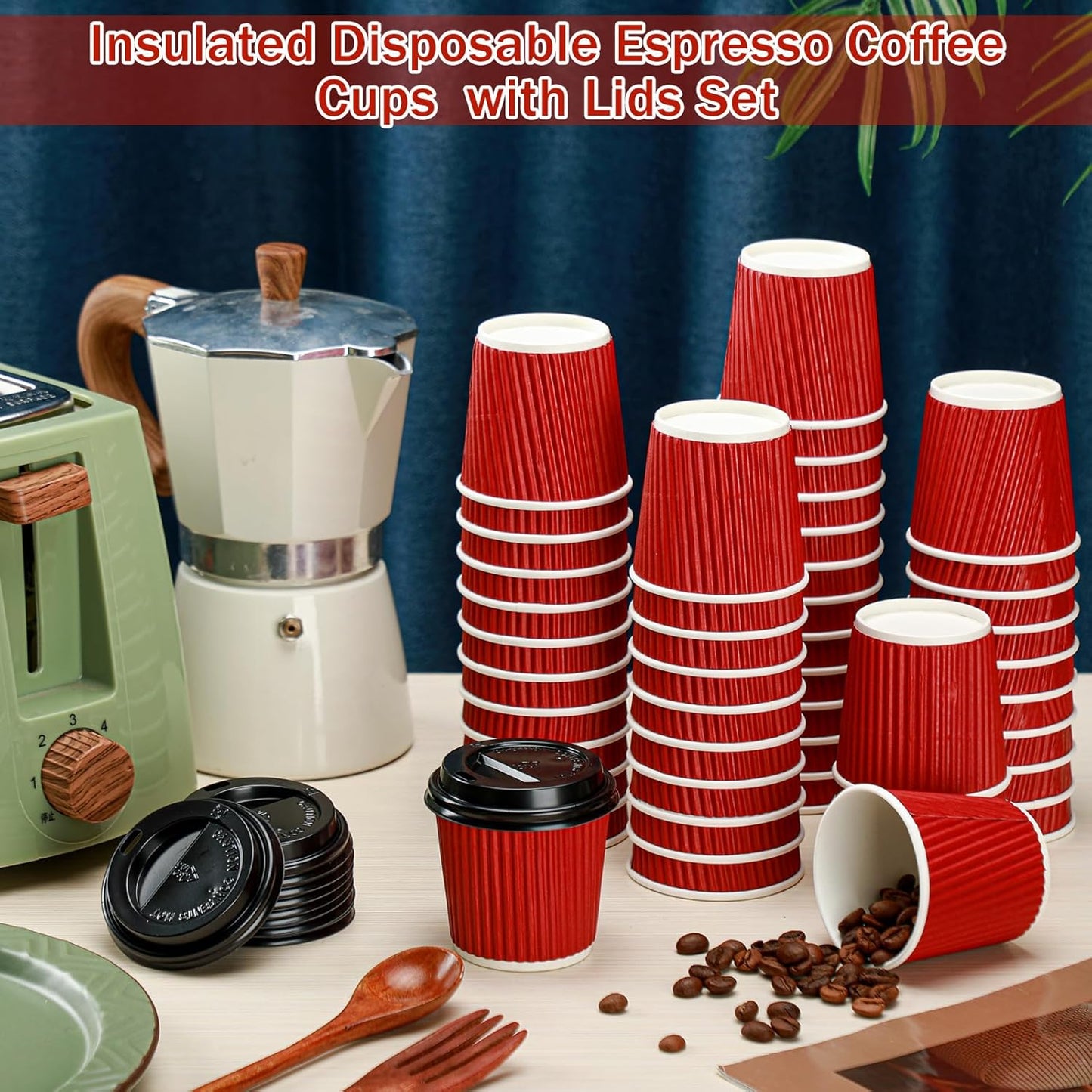Uiifan 100 Set 4oz Disposable Espresso Cups with Lids Ripple Corrugated Paper Disposable Coffee Insulated Hot Ripple Cups for hot Chocolate, Tea, and Cocoa Drinks(Red)
