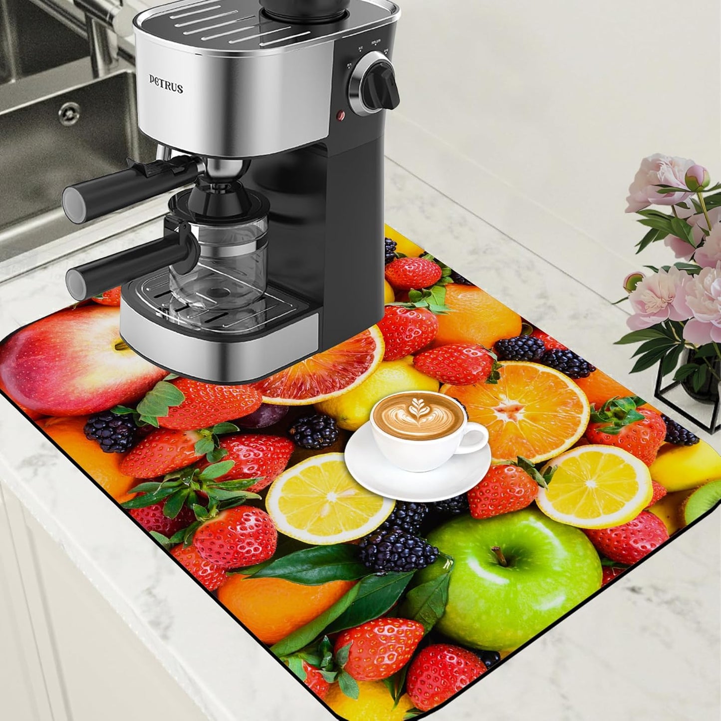 Fresh Fruits Dish Drying Mat for Kitchen Counter Coffee Bar Mat Hide Stain Absorbent Non-Slip Rubber Backed Drying Rack Pad Espresso Machine Coffee Bar Accessories 15.7 x 23.6 Inch
