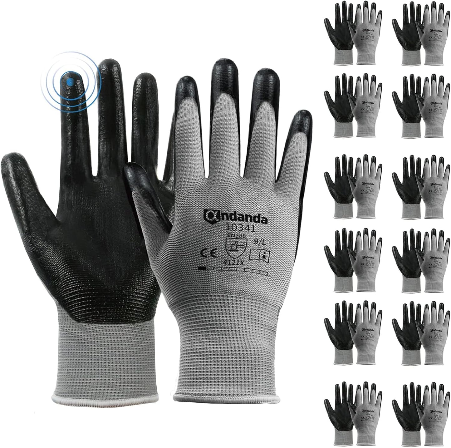 ANDANDA Smart Touch Work Gloves - 12 Pairs, 3D Comfort Stretch Fit, Nitrile Coated with Grip, Seamless Knit Nylon, Suitable for Warehousing, Logistics, Handling, Black (S)