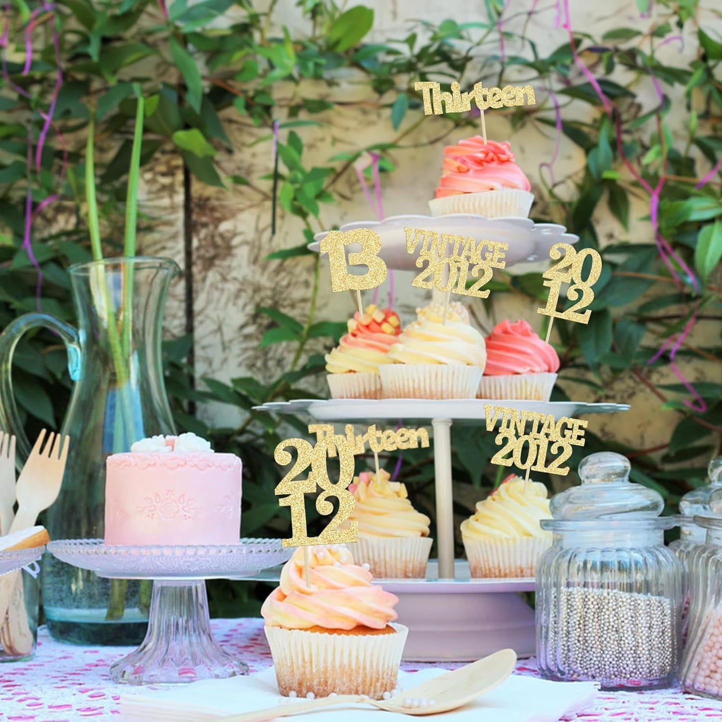 Gyufise 24Pcs Official Teenager 13 Cupcake Toppers Glitter Thirteen Vintage 2012 13th Birthday Cupcake Picks Hello 13 Years Birthday Cake Decor for Happy 13th Anniversary Party Supplies Gold