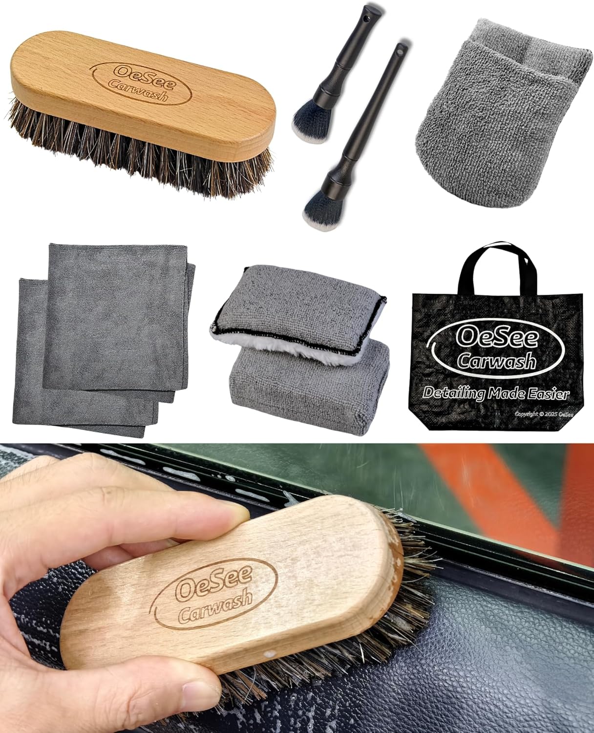 PRO Car Interior Cleaning Kit (9-Piece) - Deep Clean Tools for Leather, Dashboard & Upholstery | Boar Bristle Brush, Dual-Sided Scrub Sponge, Microfiber Towels, Polish Scrub Mitt, Detailing Brushes