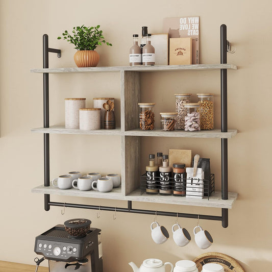 Bestier 41.5" Floating Pipe Shelving Kitchen Shelves Wall Mounted 3 Tier Ladder Shelf Hanging with Circular Tube Display Bookshelf Storage for Living Room Kitchen Balcony, Retro Grey