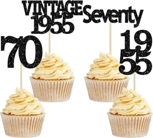 Gyufise 24Pcs Vintage 1955 Cupcake Toppers Glitter Cheers to 70 Fabulous Seventy Cupcake Picks 70th Birthday Wedding Anniversary Party Cake Decorations Supplies Black