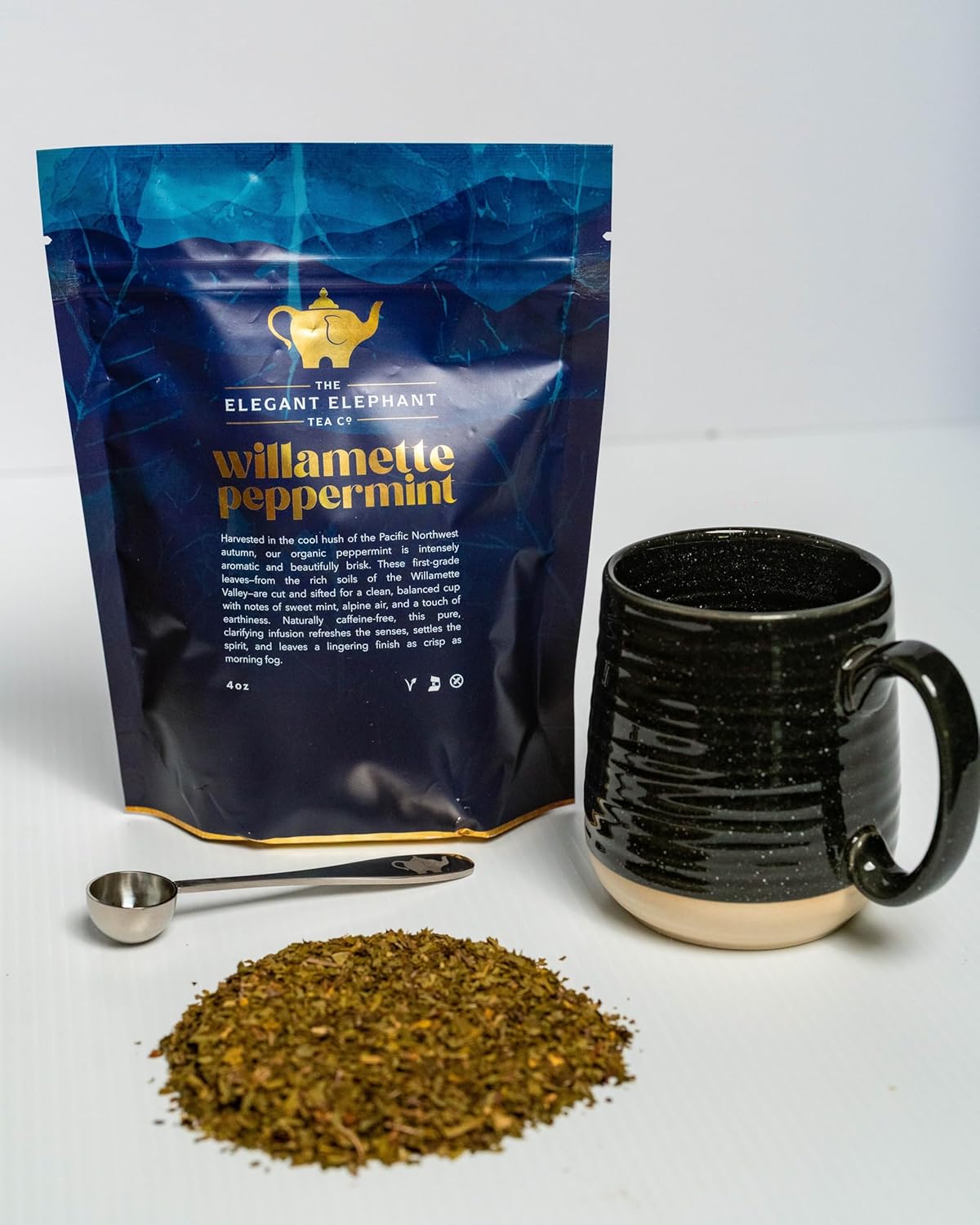 Willamette Peppermint Tea, Organic Loose Leaf Mint Herbal Tea – Soothing, Caffeine-Free – Refreshing Hot or Iced – 4 oz Resealable Bag (Makes 50 Cups) – The Elegant Elephant