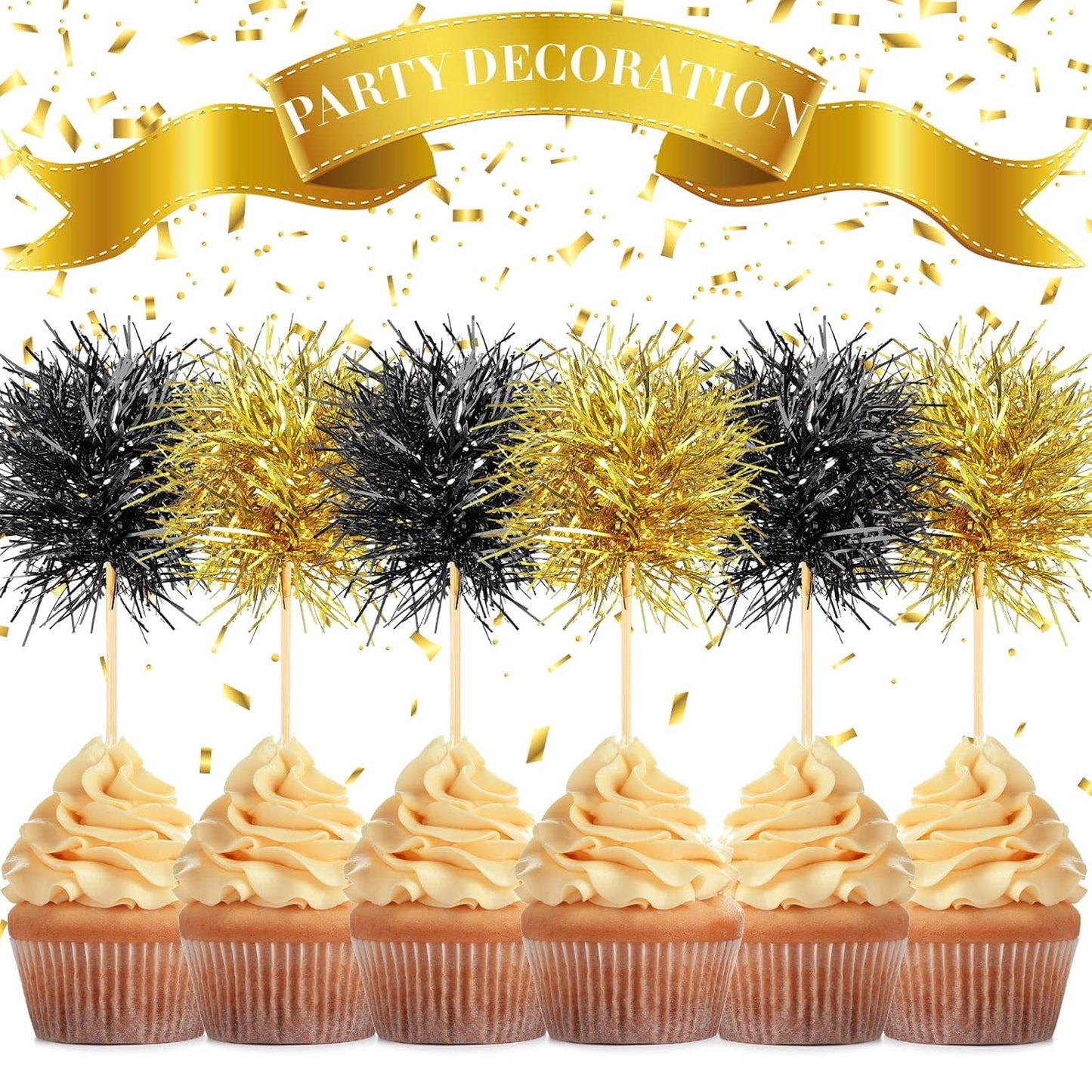 Chinco 100 Pcs Foil Firework Cupcake Toppers Sparkle Tinsel Cake Toppers Cake Decoration Cocktail Fruit Toothpick for Birthday Wedding Graduation Party(Black, Gold)