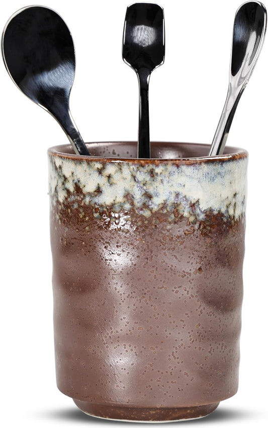 Ceramic Spoon Holder for Coffee Bar, Upright Tea Spoon Holder Cup, Coffee Stirrers Straws Stir Stick Holder, Frost on Brown Earth