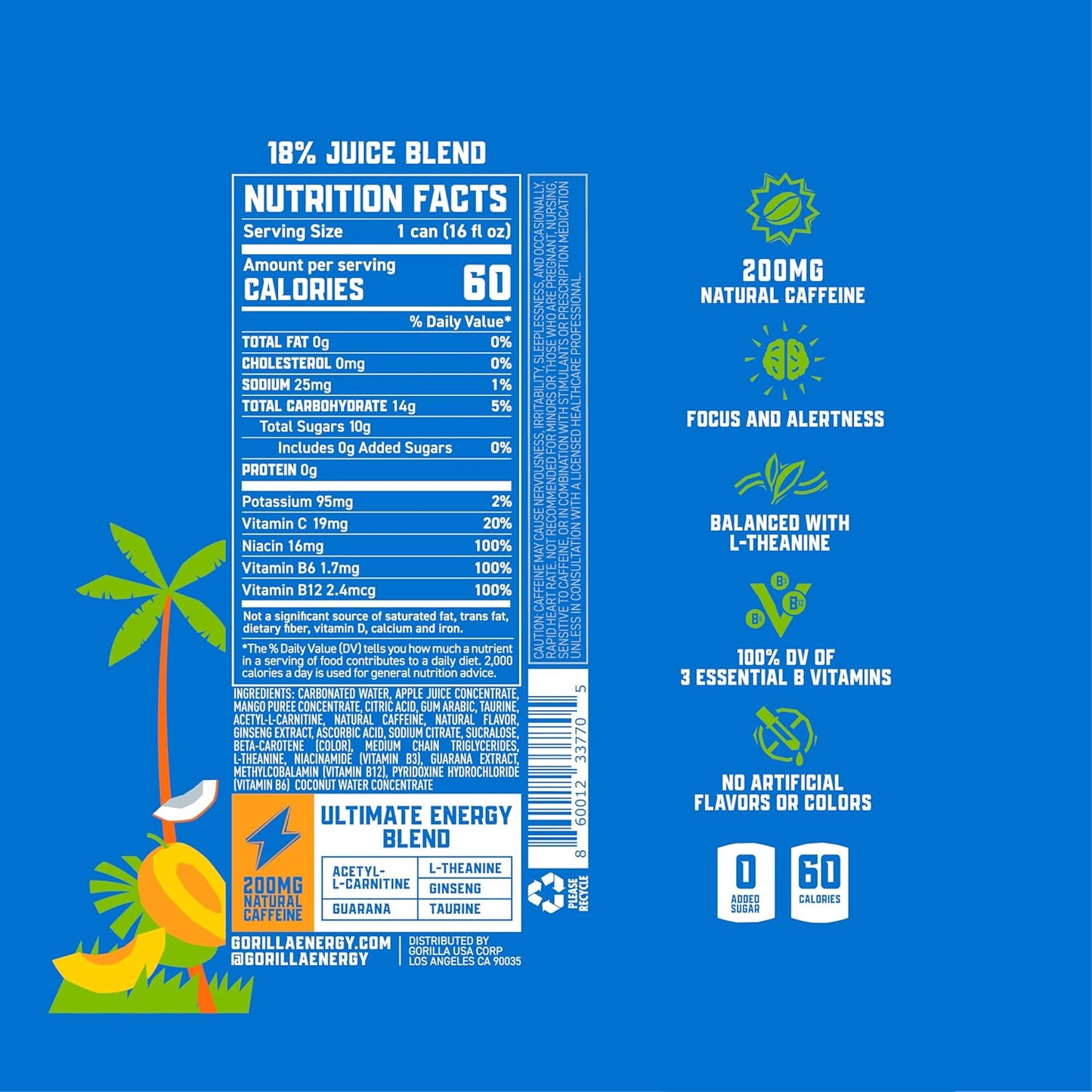 Gorilla Energy Drink, Mango Coconut, 200mg Natural Caffeine, Real Fruit Juice Squeezed & Concentrated, L-Theanine, Taurine, Ginseng, Acetyl L-Carnitine, No Added Sugar and No Artificial Colors, 12 Pack