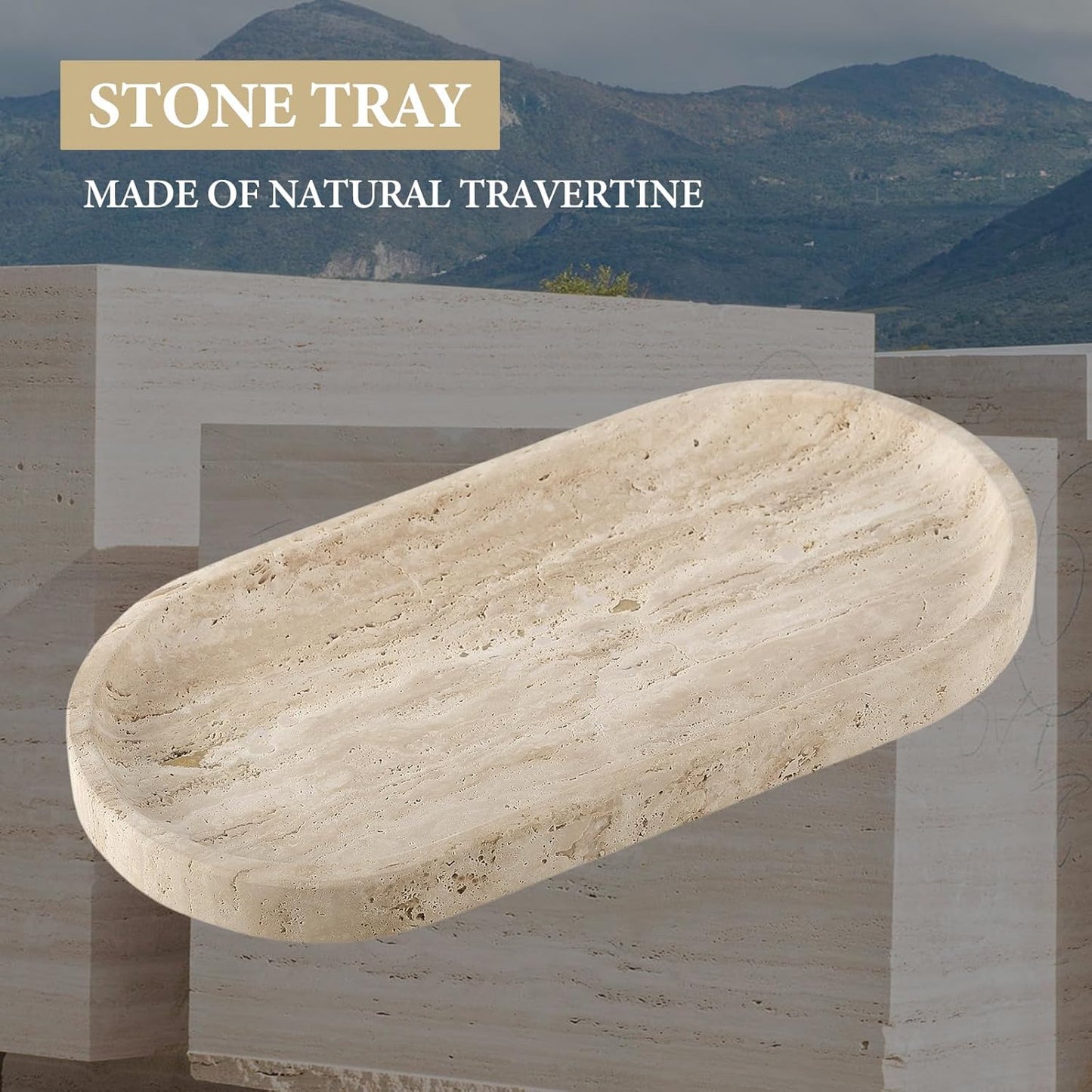 Koville Natural Marble Tray for Bathroom Counter, 10" x 5" Travertine Marble Storage Trays for Perfume, Cosmetics, Jewelry, Vanity Tray Stone Trays for Home, Decorative Tray for Dresser Organizer