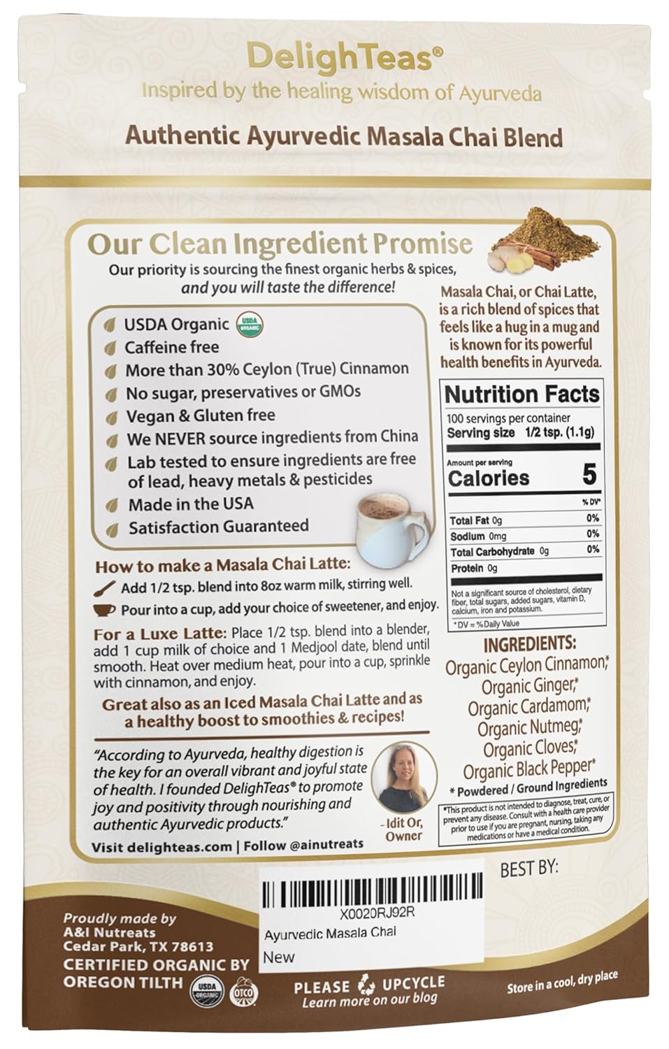 DelighTeas Organic Masala Chai Powder | Caffeine free, Unsweetened, Vegan, Keto | Ayurvedic Digestive Support blend for Chai Spice Tea | 100 Servings, 4oz