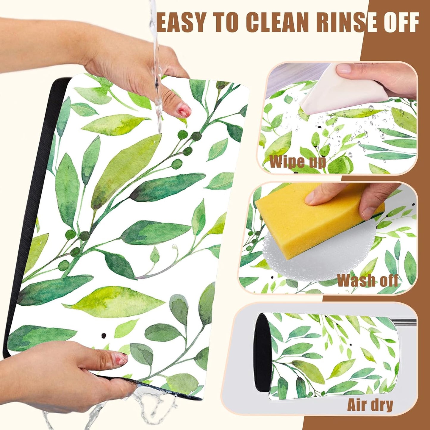Dish Drying Mat Watercolor Green Leaves Coffee Bar Mat for Countertop Absorbent Hide Stain Rubber Backed Dish Drainer Rack Pad Espresso Machine Cafe Table Decor 15.7 x 23.6 Inch