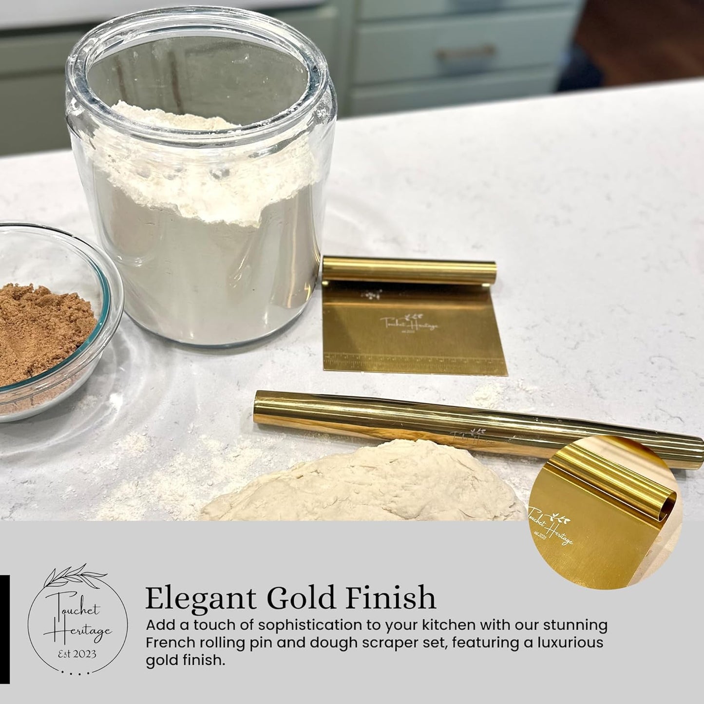 French Rolling Pin and Dough Scraper Set | Gold Bench Scraper Tool | Rolling Pin For Dough | Bread Making Accessories | Metal Bread Dough Cutter | Sourdough Scraper | Rolling Pin for Baking, small