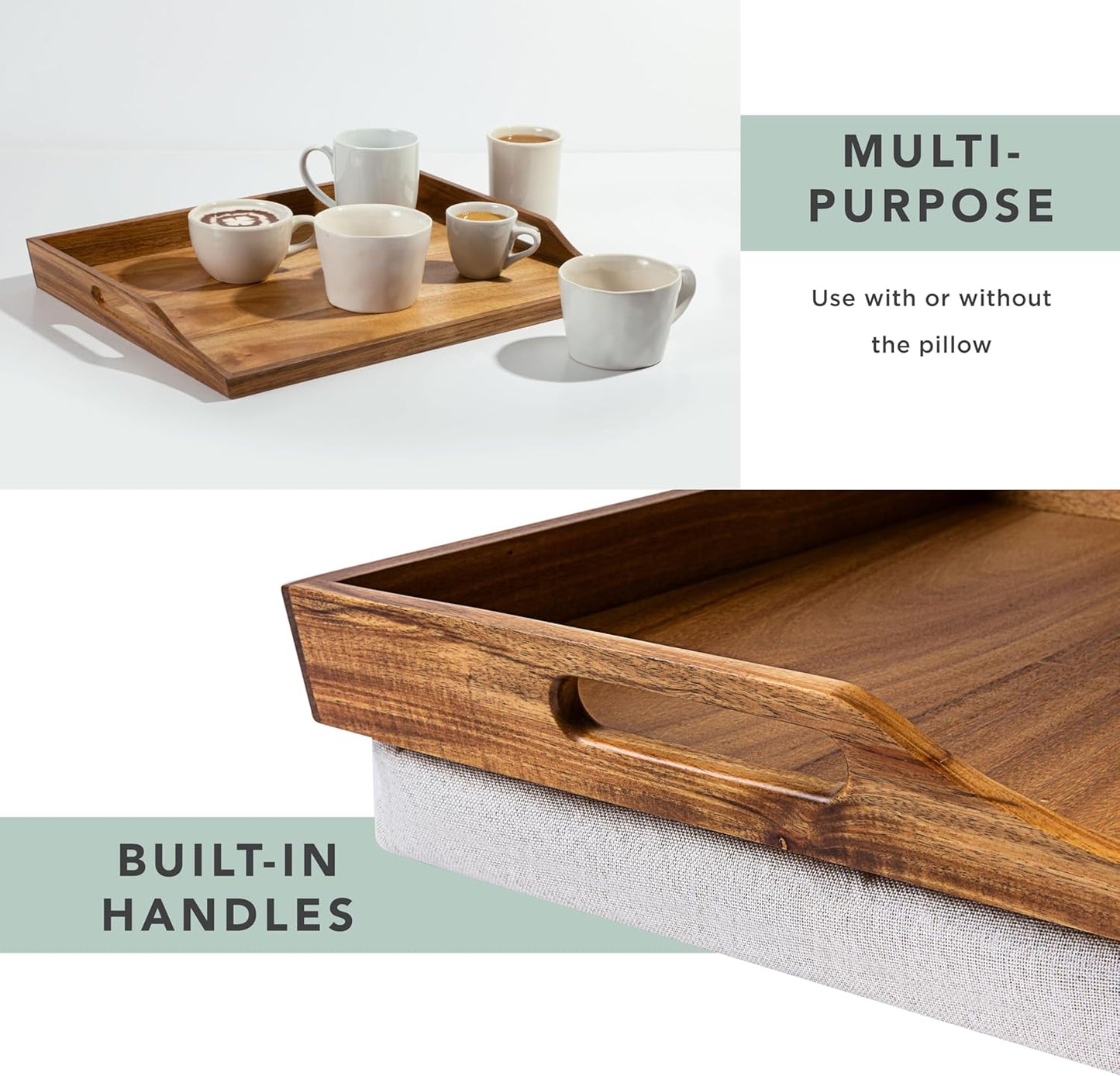 ROSSIE HOME Acacia Wood Bed Tray, Lap Desk with Detachable Cushion, Serving Tray - Natural - Fits up to 15.6 Inch Laptops - Style No. 76106