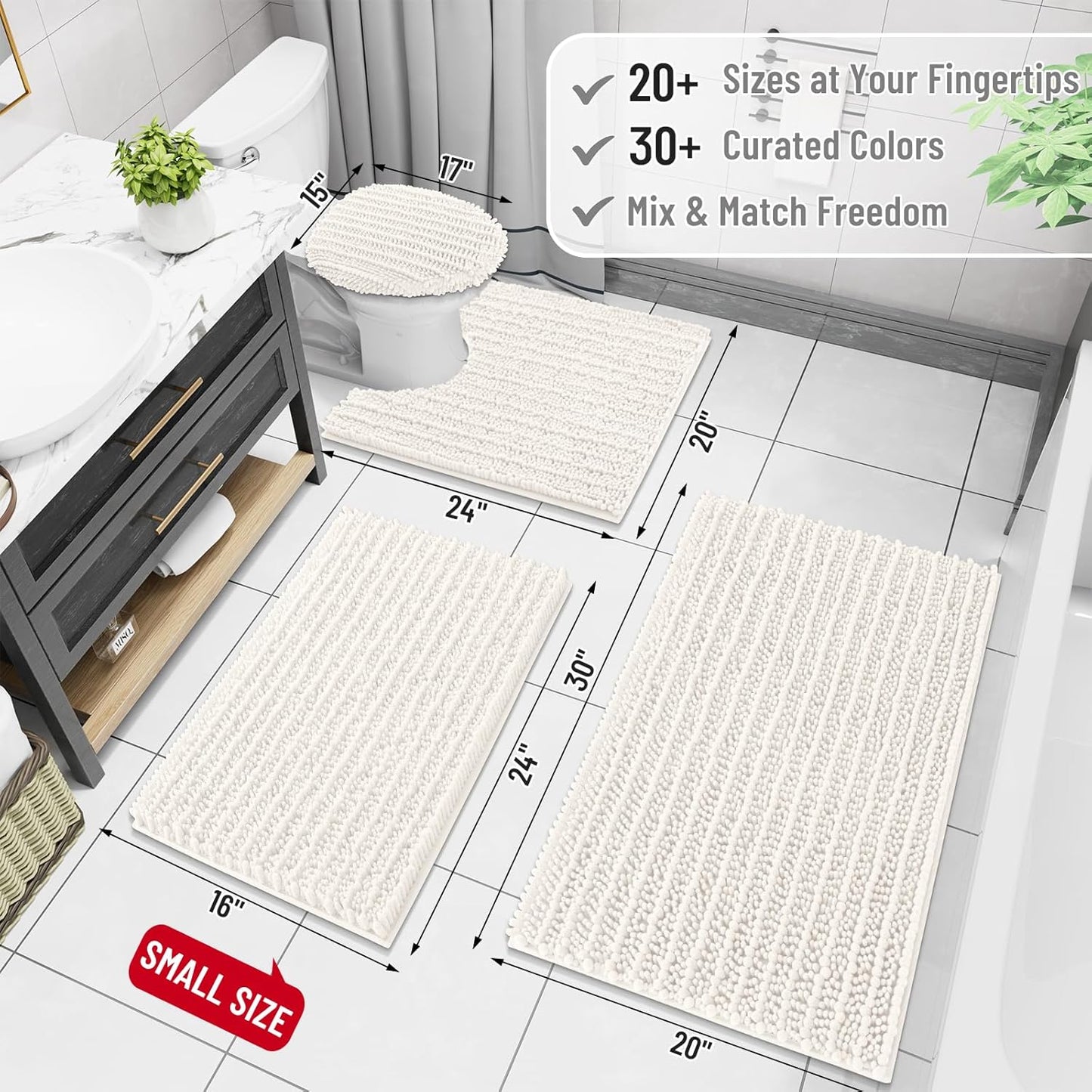 Arotive Luxury Chenille Bathroom Rug Mat, Extra Soft Thick Absorbent Shaggy Bath Rugs, Non-Slip Machine Wash Dry, Plush Bath Mats for Bathroom, Shower and Tub, 40x24, Ivory