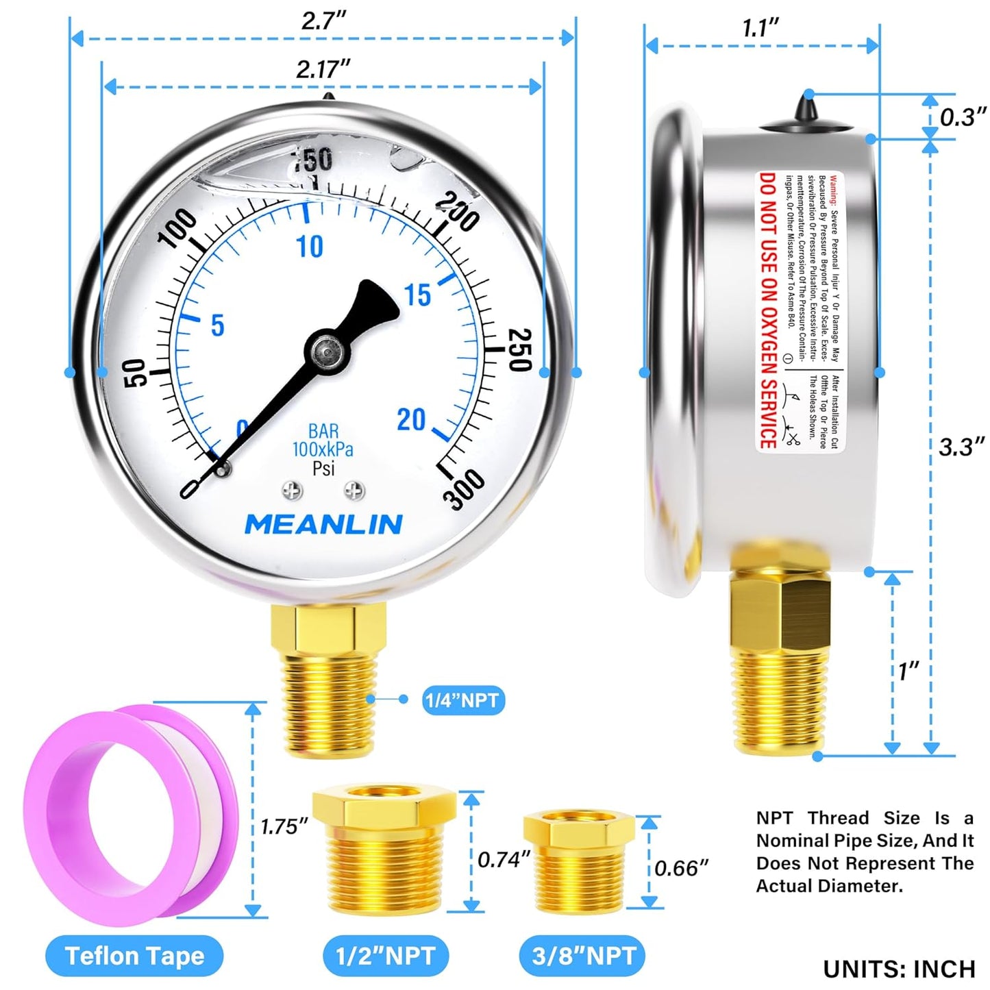 MEANLIN MEASURE 0~300Psi Stainless Steel 1/4" NPT 2.5" FACE DIAL Liquid Filled Pressure Gauge WOG Water Oil Air Lower Mount, with 1/2" NPT and 3/8" NPT Hex Bushing