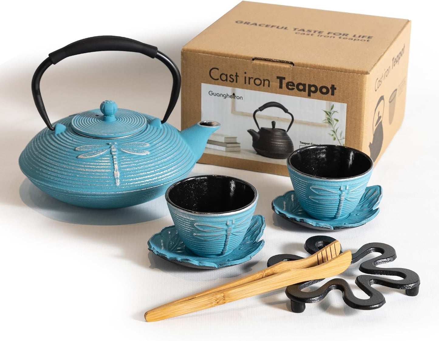 Cast Iron Teapot Set with 2 Tea Cups, 7 Pcs Japanese Tea Kettle with Stainless Steel Infuser, Tea Pot Coated with Enameled Interior, Dragonfly Pattern, 28oz 800ml Blue