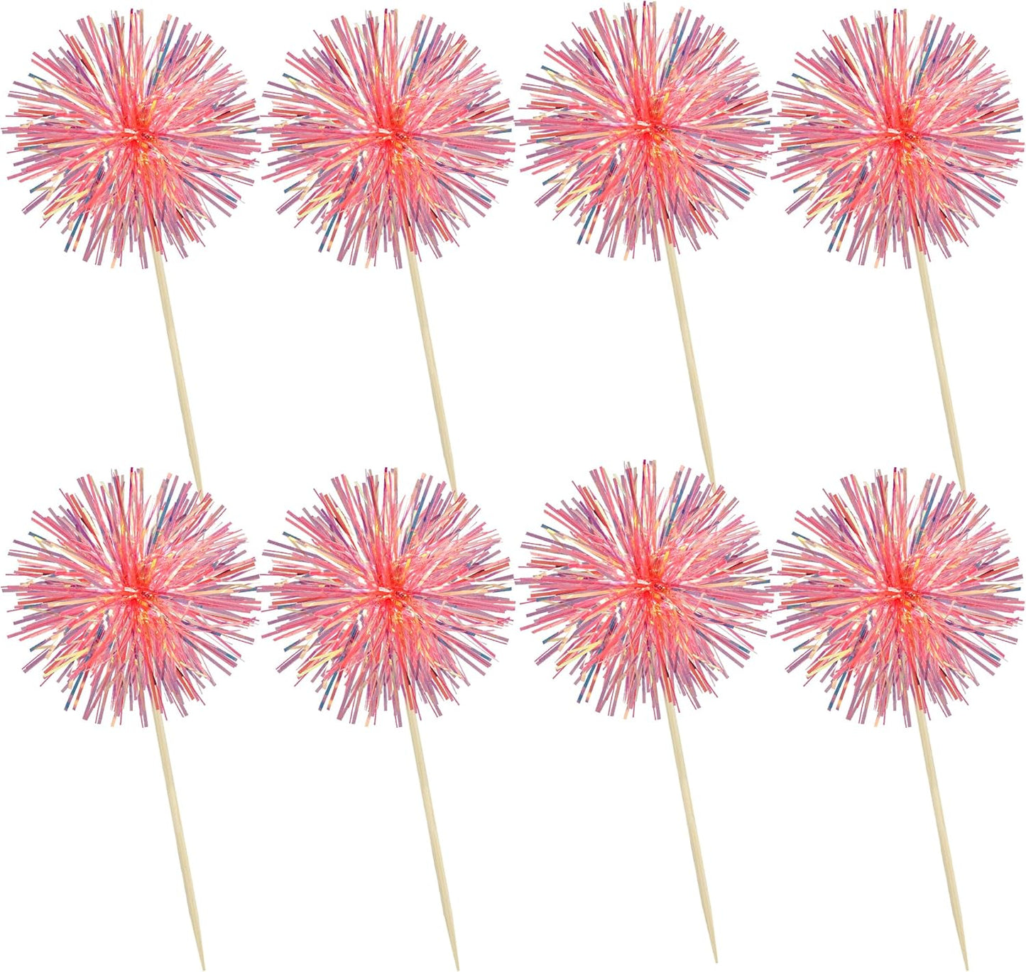 Ephlyn 30Pcs Foil Firework Cupcake Toppers Sparkle Tinsel Cupcake Picks Happy Birthday Cake Decorations Drink Stirrers Cocktail Food Fruit Toothpicks for Baby Shower Graduation Party Supplies Orange